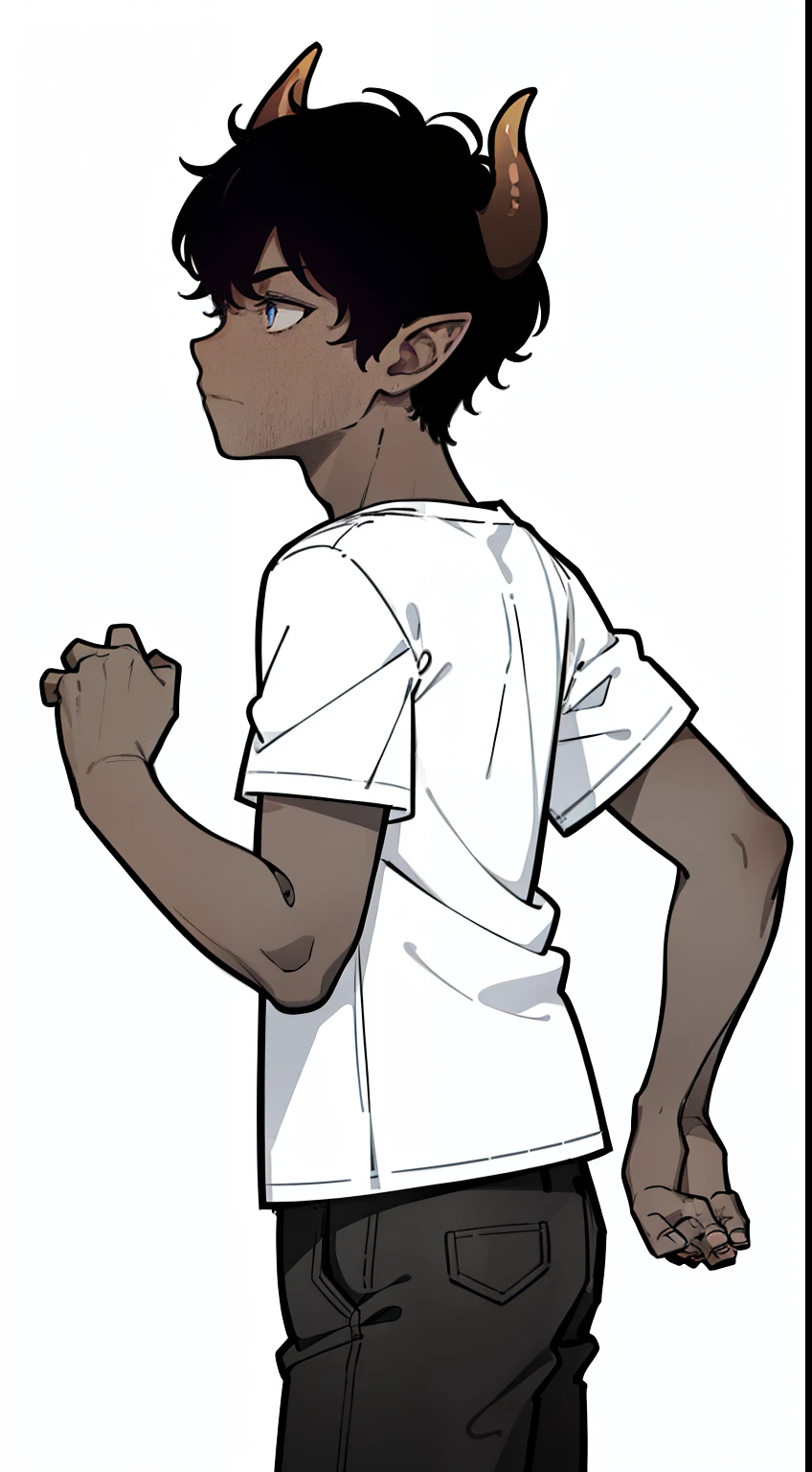 (1boy,8 years),solo,((dark skin)),((white shirt,short sleeves,black shorts)),Short hair,black hair,elf ears,(horns),(white background,line drawing),cowboy shot,from side,:o,looking away