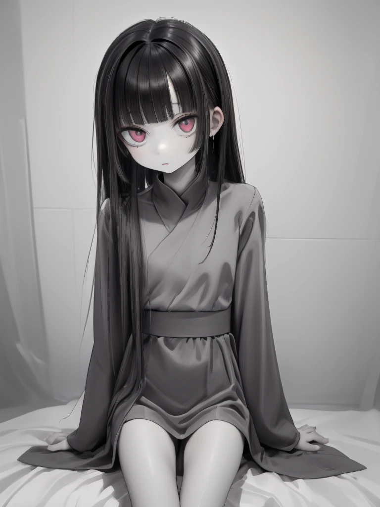 ghost girl, black hair, red eyes, pale skin, nude, pussy, long soles