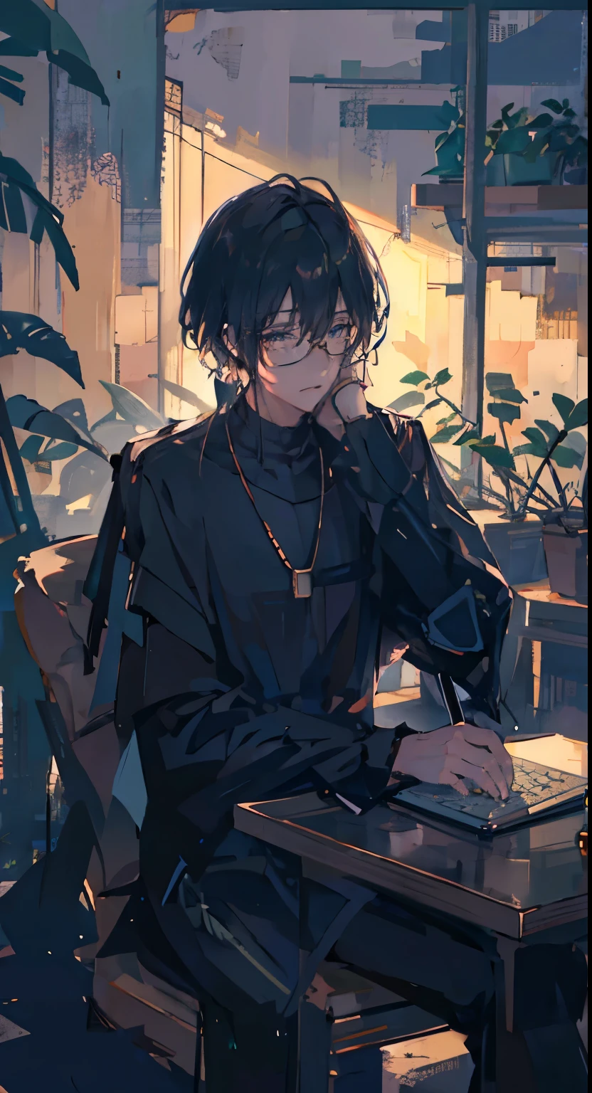 Lo-fi aesthetic, Guy with glasses, disheveled black hair, sitting at the table, Works on a laptop, does homework, soft lighting lamps, plants everywhere, plant in the foreground, evening, lo-fi cafe