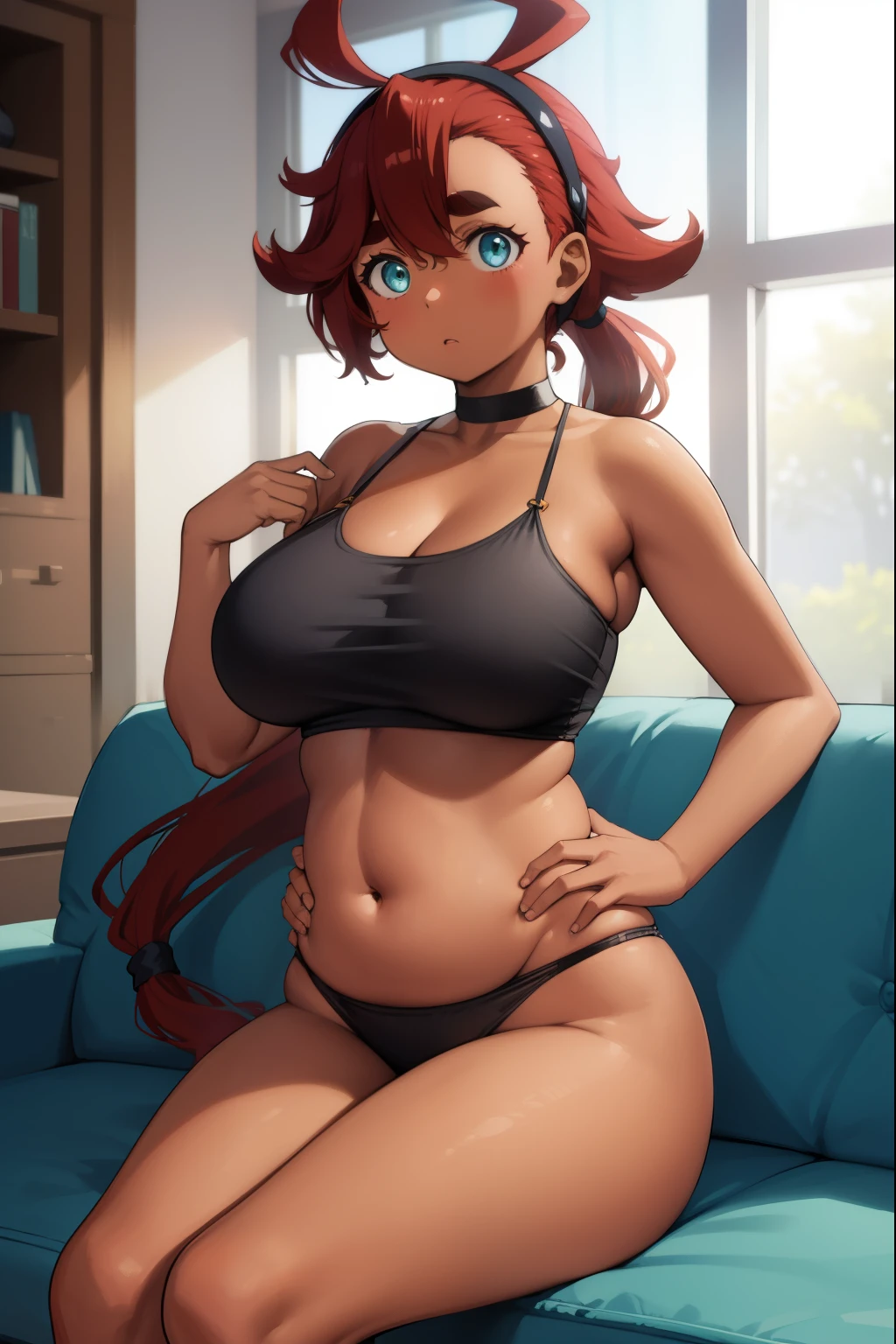 sulletamercury, sulleta mercury, ahoge, aqua eyes, black hairband, dark skin, dark-skinned femaile, hair between eyes, hairband, long hair, low ponytail, red hair, swept bangs, thick eyebrows, An extremely overweight woman sitting on a couch in the living room, window, sunlight, choker, black choker, naked  looking at viewer, hand on belly, big belly, huge belly, massive belly, fat, obese, 1girl, indoors,  realistic, photograph, dslr, bokeh, 35mm lens