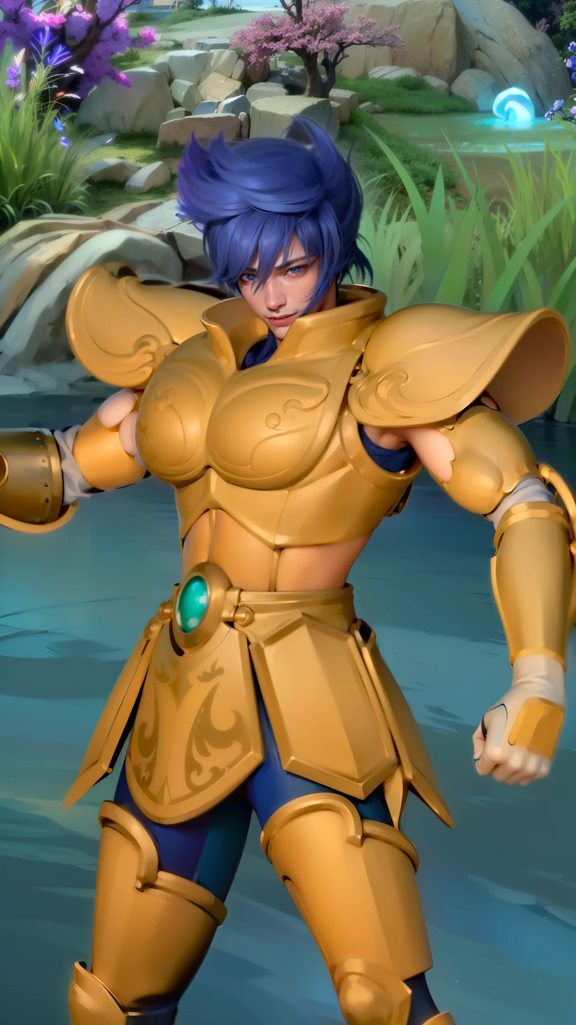 masculine male, masterpiece, ((perfect eyeest quality, (semirealism:1.9), beautiful lighting, (extremely detailed CG unity 4k fhd wallpaper), High Detail, Sharp focus, dramatic outdoors, 1 boy ,19 years old, blue hair, light purpel eyes, smile.
