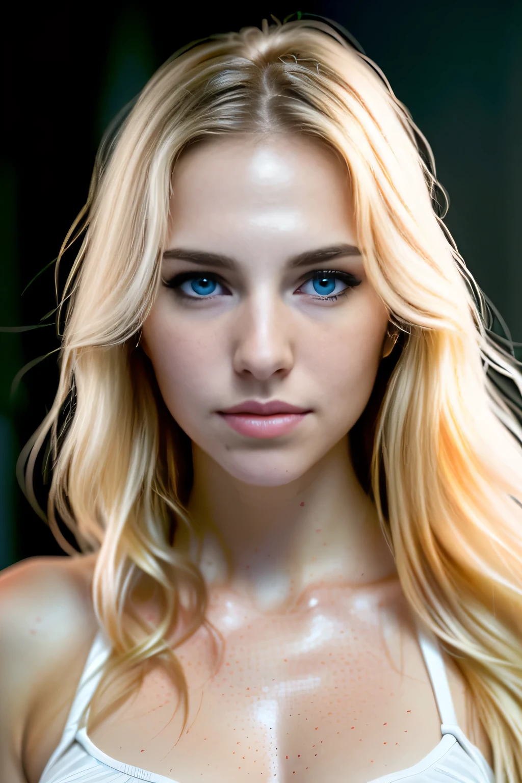 (Masterpiece: 1.2), Super Detail, Super High Resolution, (Real, Photorealistic: 1.37), High Definition RAW Color Photo, Professional Photo, Very Delicate and Beautiful, Very Detailed, 8K Wallpaper, Amazing , detailed, huge file size, very detailed Ukrainian beautiful girl, very detailed face, very detailed eyes, very detailed skin, very detailed fingers, very detailed nose, very Detailed mouth, perfect anatomy, highly detailed background, (blonde hair: 1.4), (gal): 1.3), (flat chest: 1.6), dynamic lighting, wet skin, wet hair, (full body), (splash :1.2), (topless bikini), (from bottom:1.4), (dark room),