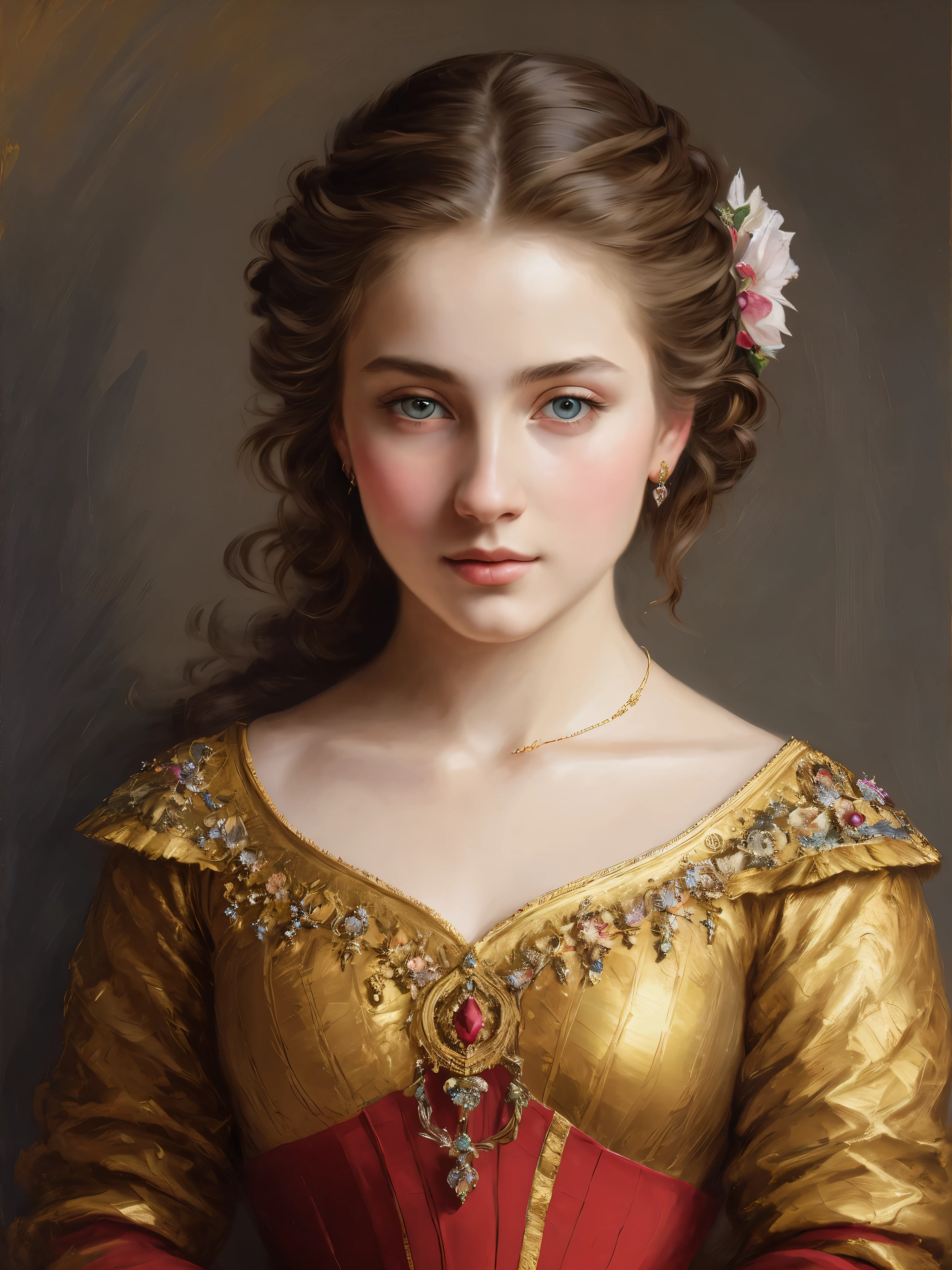 portrait, girl, middle ages, classicism, andrey atroshenko style, extremely beautiful Styled Hair, perfect Artwork, highly appreciated, painting, traditional media, realistic, figurative, fine art, oil on canvas, HDR, 8K, original character, high resolution, high detail, focus on the face