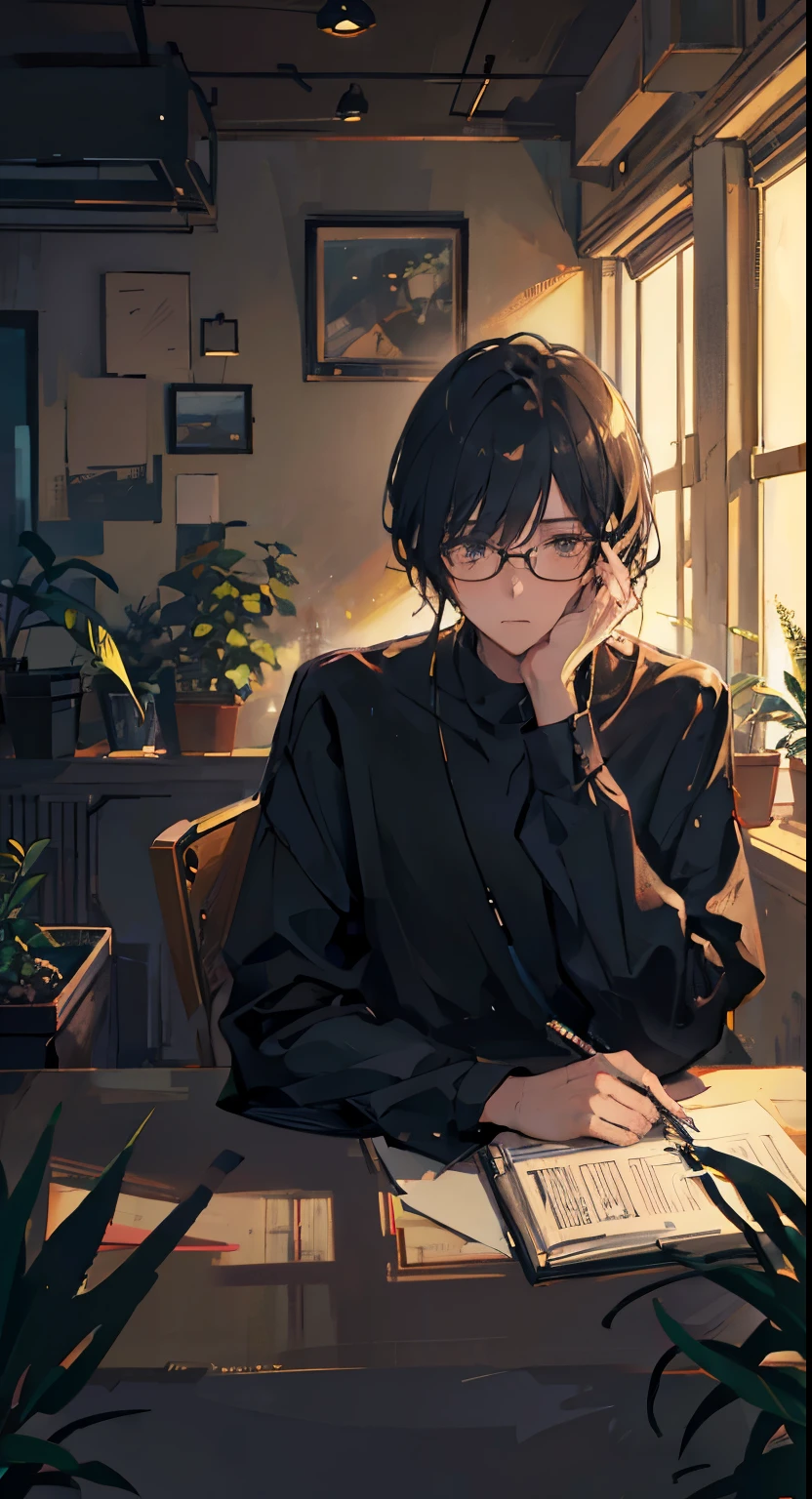 Lo-fi aesthetic, Guy with glasses, disheveled black hair, sitting at the table, Works on a laptop, does homework, soft lighting lamps, plants everywhere, plant in the foreground, evening, lo-fi cafe
