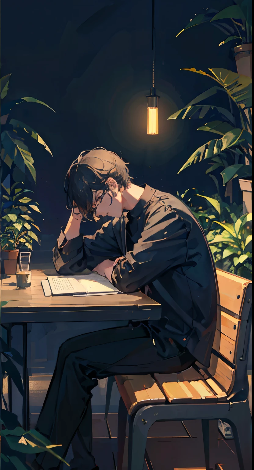 Lo-fi aesthetic, Guy with glasses, disheveled black hair, sitting at the table, Works on a laptop, does homework, soft lighting lamps, plants everywhere, plant in the foreground, evening, lo-fi cafe