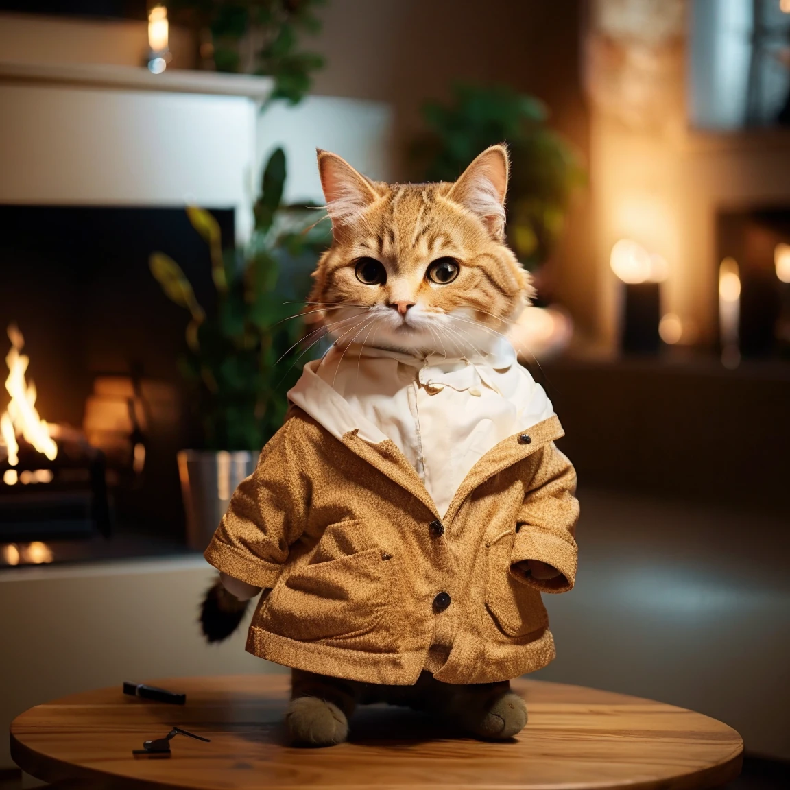 This is a detailed photo of various animals standing in a line and saying thank you at the end of the year. High gloss and depth, grandeur and luxurious design, cozy feel, fireplace, various cuisines, and an organic background that naturally harmonizes with the surrounding environment. Realistic high quality and contrast, Unreal Engine 5, wide angle of view, depth of field, highly detailed skin, ux, and UI design.