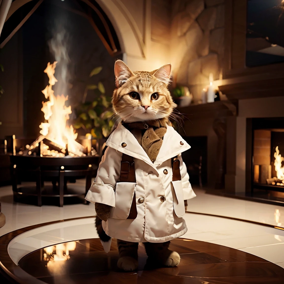 This is a detailed photo of various animals standing in a line and saying thank you at the end of the year. High gloss and depth, grandeur and luxurious design, cozy feel, fireplace, various cuisines, and an organic background that naturally harmonizes with the surrounding environment. Realistic high quality and contrast, Unreal Engine 5, wide angle of view, depth of field, highly detailed skin, ux, and UI design.