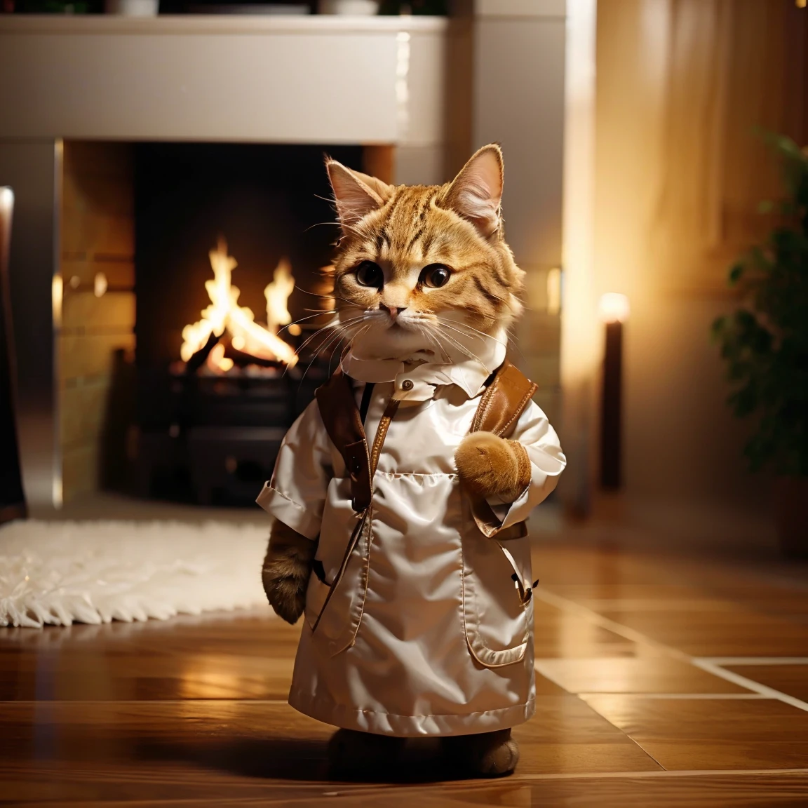 This is a detailed photo of various animals standing in a line and saying thank you at the end of the year. High gloss and depth, grandeur and luxurious design, cozy feel, fireplace, various cuisines, and an organic background that naturally harmonizes with the surrounding environment. Realistic high quality and contrast, Unreal Engine 5, wide angle of view, depth of field, highly detailed skin, ux, and UI design.