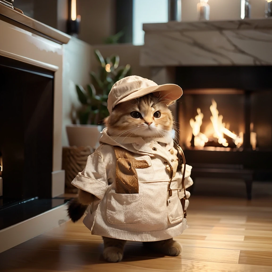 This is a detailed photo of various animals standing in a line and saying thank you at the end of the year. High gloss and depth, grandeur and luxurious design, cozy feel, fireplace, various cuisines, and an organic background that naturally harmonizes with the surrounding environment. Realistic high quality and contrast, Unreal Engine 5, wide angle of view, depth of field, highly detailed skin, ux, and UI design.