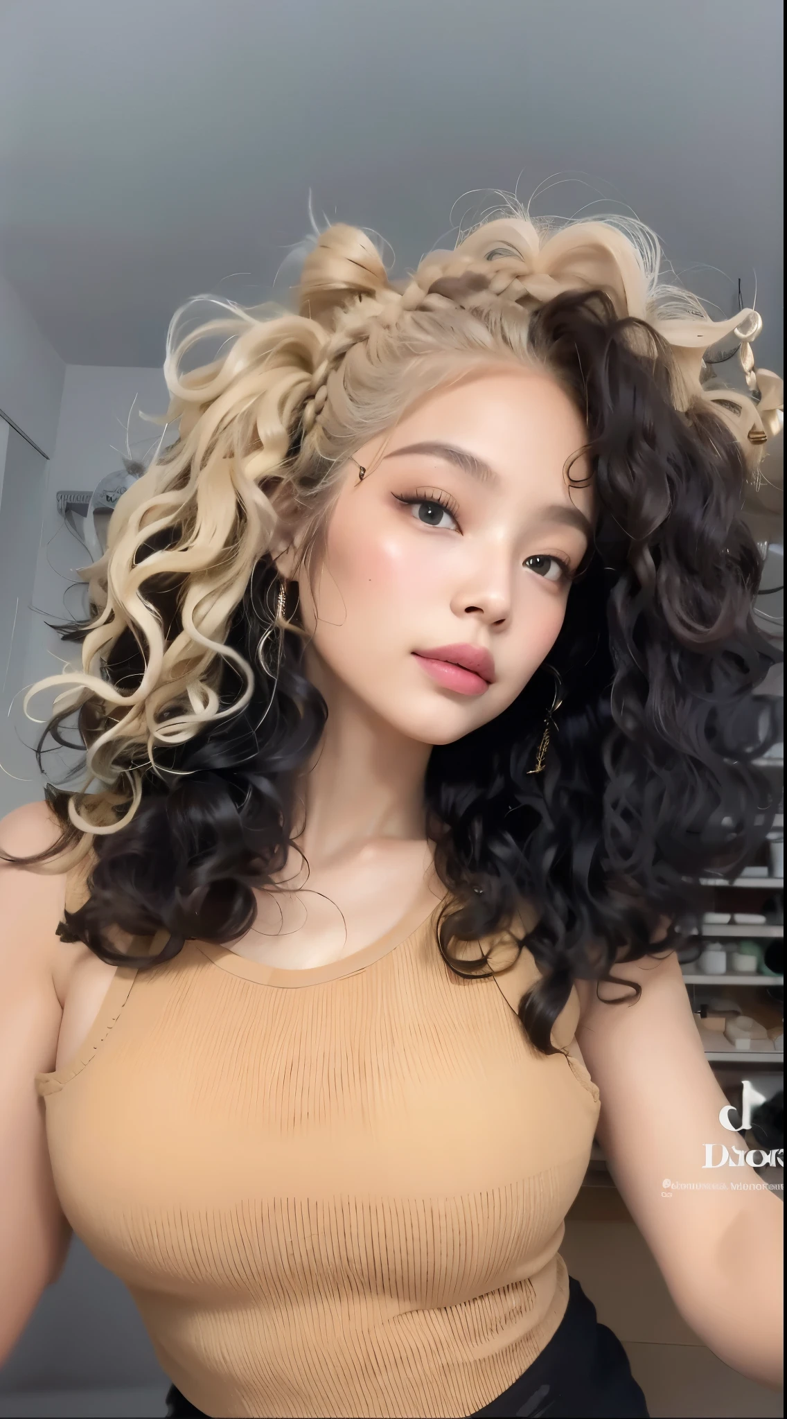 um close up de uma mulher com longos cabelos cacheados usando um top bronzeado, her hair is white, tom de pele claro, morena com cabelos loiros tingidos, pale skin curly blond hair, com cabelos cacheados pretos e prateados, Gato Doja, cabelos loiros cacheados, cabelos brancos cacheados, metade & metade hair, cabelos loiros cacheados | d & d, Mestiza, cabelo de duas cores