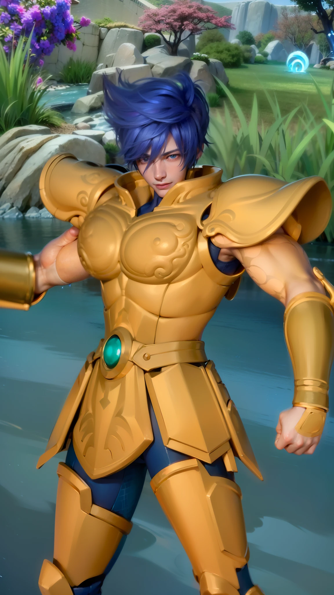 masculine male, masterpiece, ((perfect eyeest quality, (semirealism:1.9), beautiful lighting, (extremely detailed CG unity 4k fhd wallpaper), High Detail, Sharp focus, dramatic outdoors, 1 boy ,19 years old, blue hair, light purpel eyes, smile.