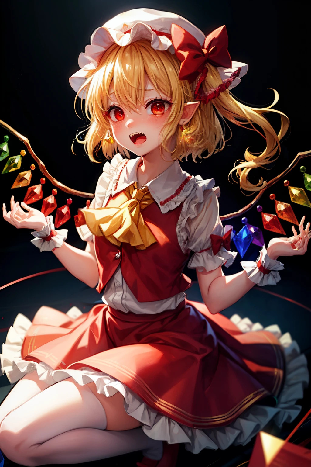 (masterpiece, top quality, best quality, beautiful and aesthetic:1.2), flandre_scarlet_touhou, blonde_hair, wings, red_eyes, crystal, bangs, hat, one_side_up, ribbon, moap, bow, blush, vest, white_headwear, red_vest, ascot, hair_between_eyes, red_bow, red_ribbon, upper_body, hat_ribbon, yellow_ascot, short_hair, full body, japanese architecture, surprised, :o, beam, laser, glaring body, open box, box, open mouth, jaw drop, wide-eyed, panicking, horrified, screaming, sobbing, traumatized, turn pale, wavy mouth, glowing, glow, outer glow