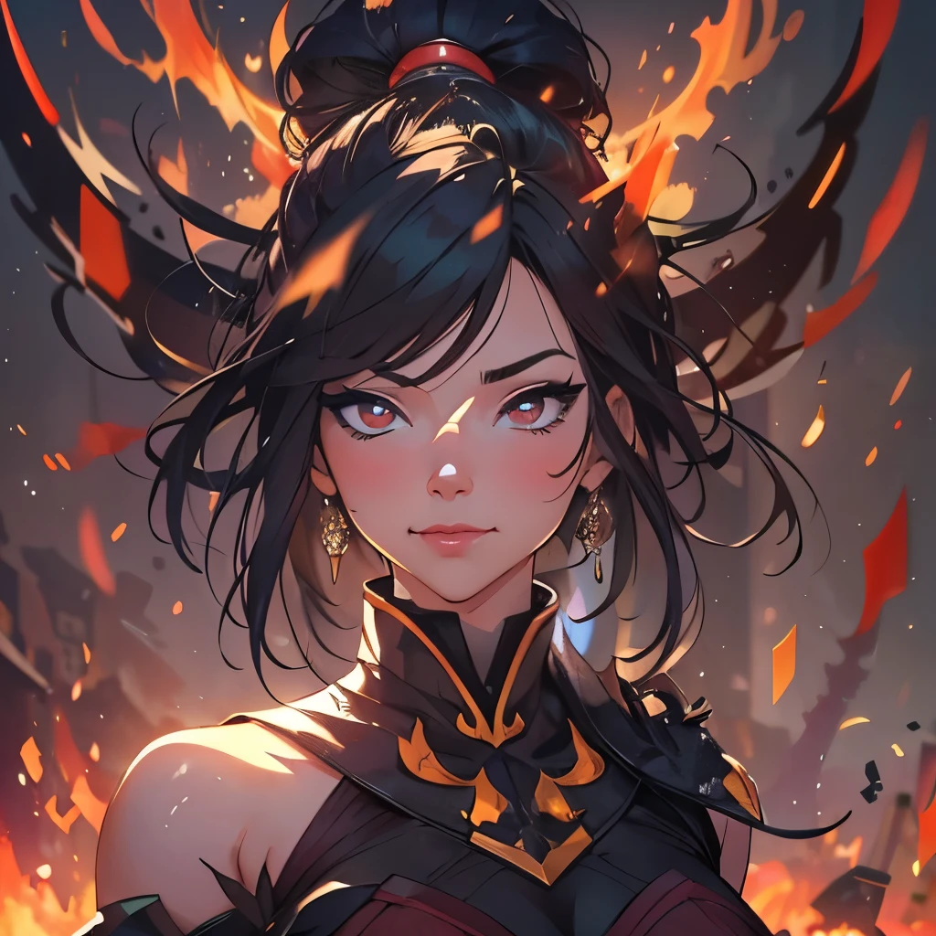 (masterpiece), 8k cg, stunningly beautiful girl, intricate details, chromatic aberration, ((bust shot)), ((looking at viewer)), 1girl, (Azula, fire lord, Chinese armor, black hair tied up, body suit), extremely beautiful and delicate portrait, goth, tomboy, smile, blush, makeup, absurdres, cinematic lighting, dynamic lighting, fantasy, ((dark background, fog))