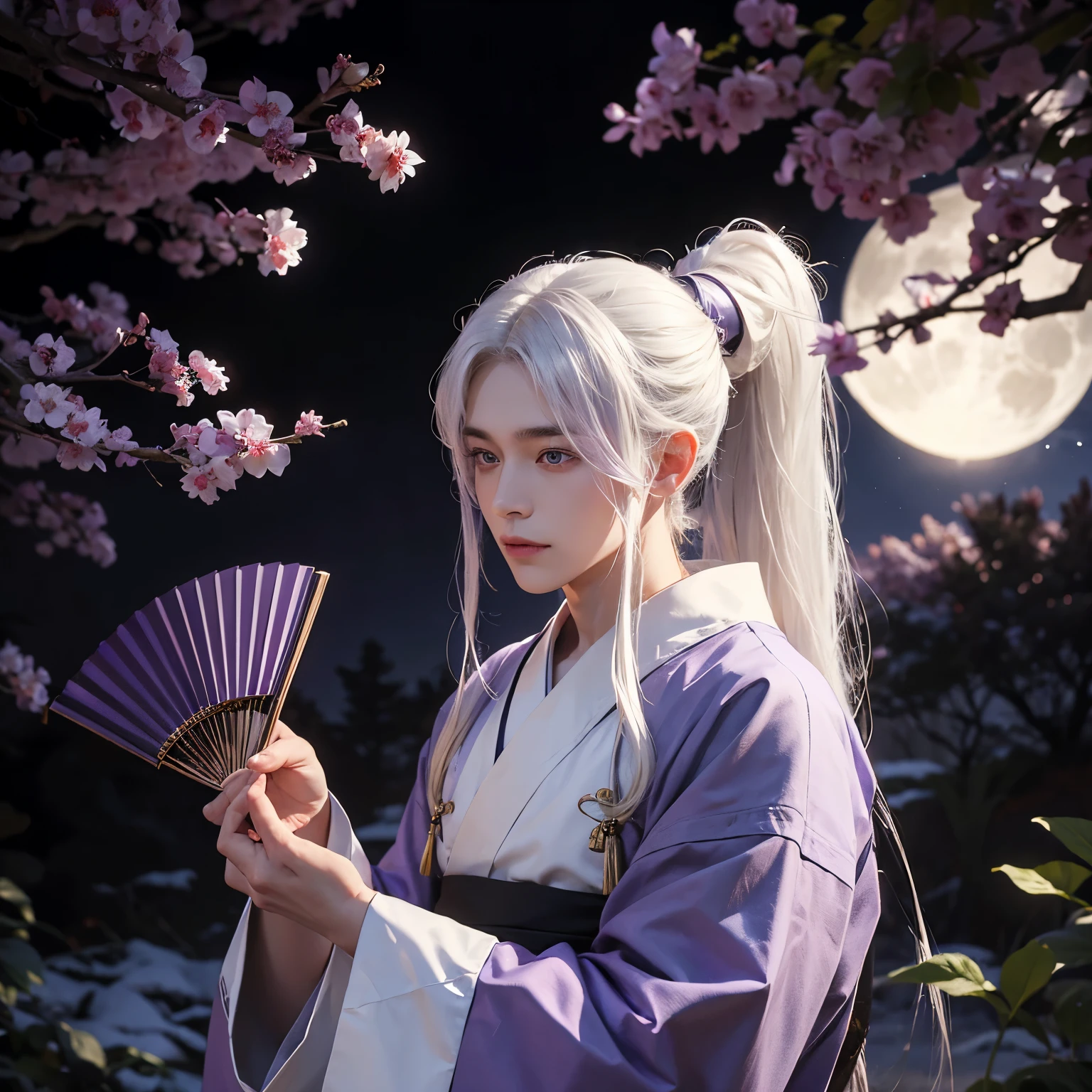 1 man，20yr old，long white hair，High ponytail，wearing kimonos、manly、Purple eyes，Foldable fan in hand，Background with:moonlit forest