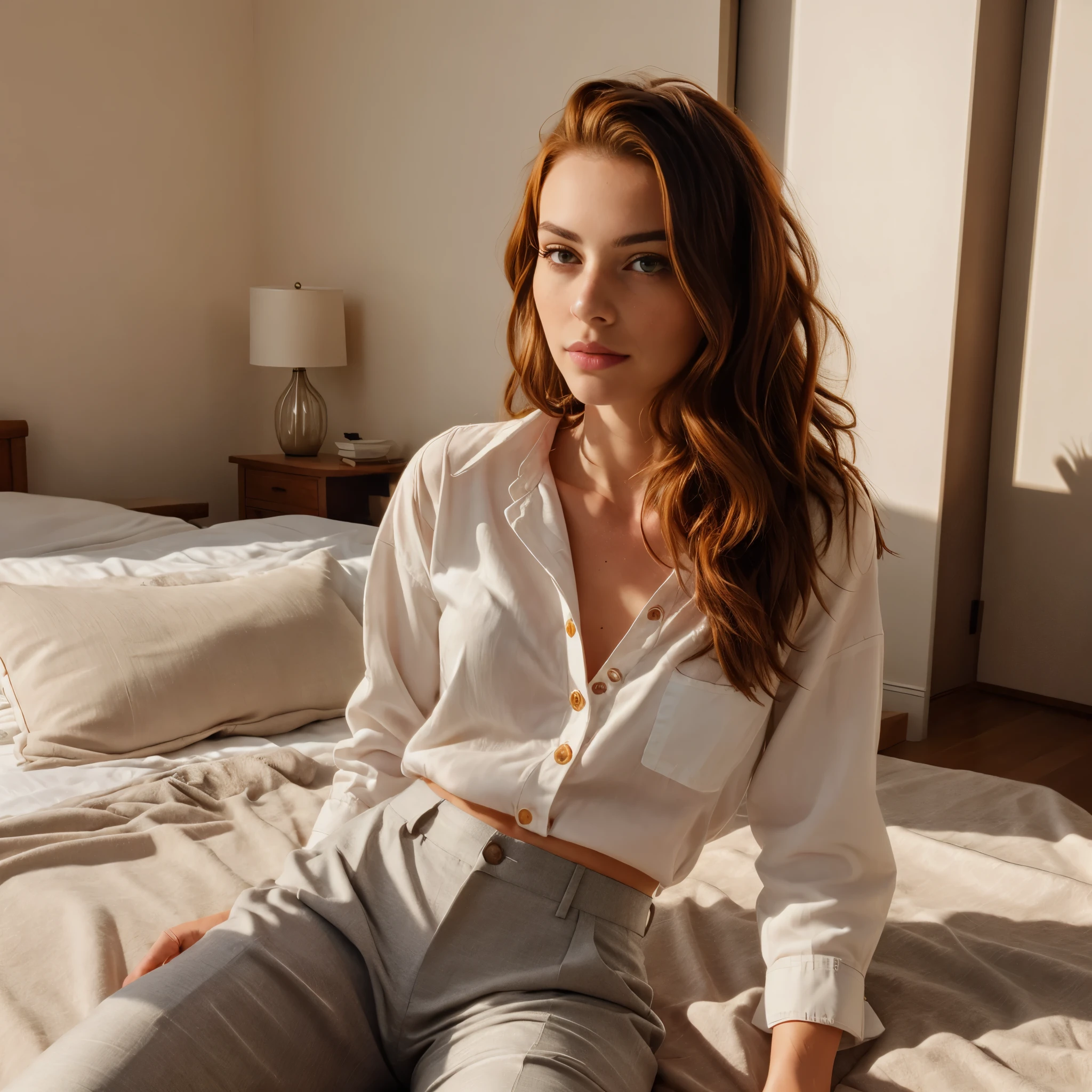 a photo of a seductive woman with loose styled redhead hair, posing in bright bedroom, she is wearing Button-up Shirt and Trousers, intricate details, goosebumps, flawless face, shy, prude, (light freckles:0.9), ((photorealistic):1.2), raw