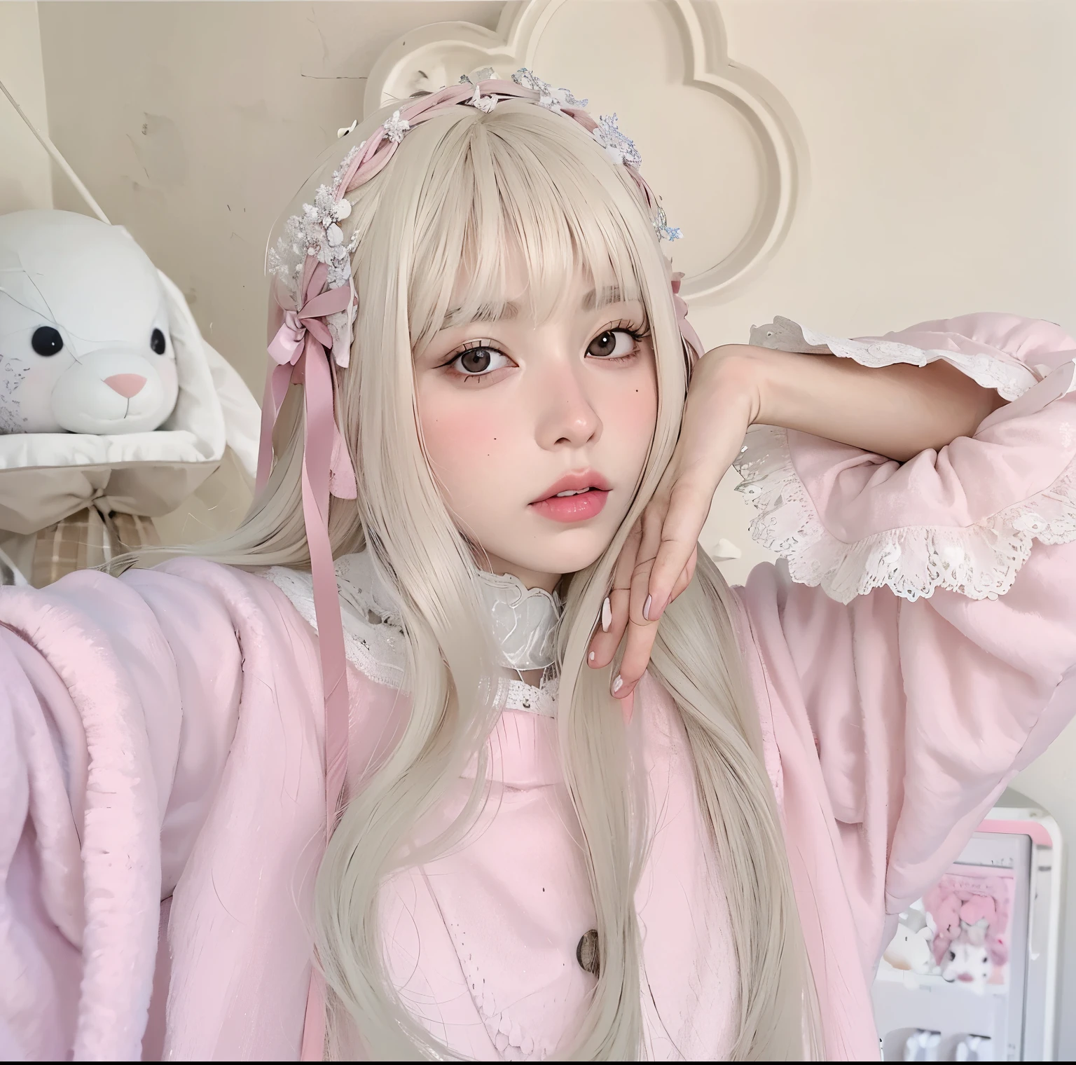 Blonde girl with pink eyes and white hair with a teddy bear, Branch Range, branco hime corte penteado, cabelo whitebangs cabelo, longos cabelos brancos e franja,  com cabelo branco, cabelos brancos rosto bonito, cabelos brancos da nuvem, kawaii retrato realista, Cor do cabelo branco, pale young ghost girl, cabelos lisos brancos, com cabelos longos brancos, cabelos brancos e fringy
