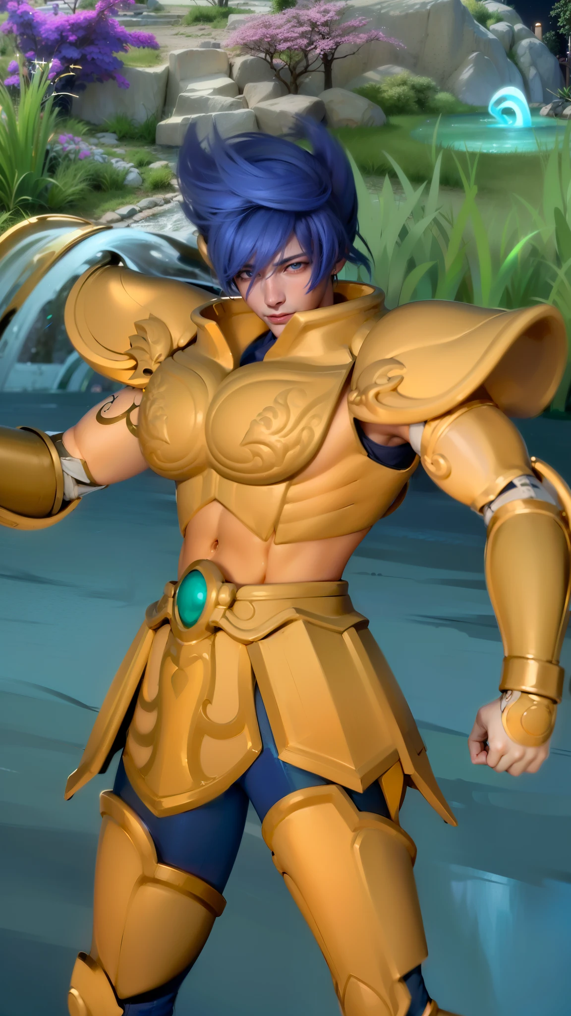 masculine male, masterpiece, ((perfect eyeest quality, (semirealism:1.9), beautiful lighting, (extremely detailed CG unity 4k fhd wallpaper), High Detail, Sharp focus, dramatic outdoors, 1 boy ,19 years old, blue hair, light purpel eyes, smile.