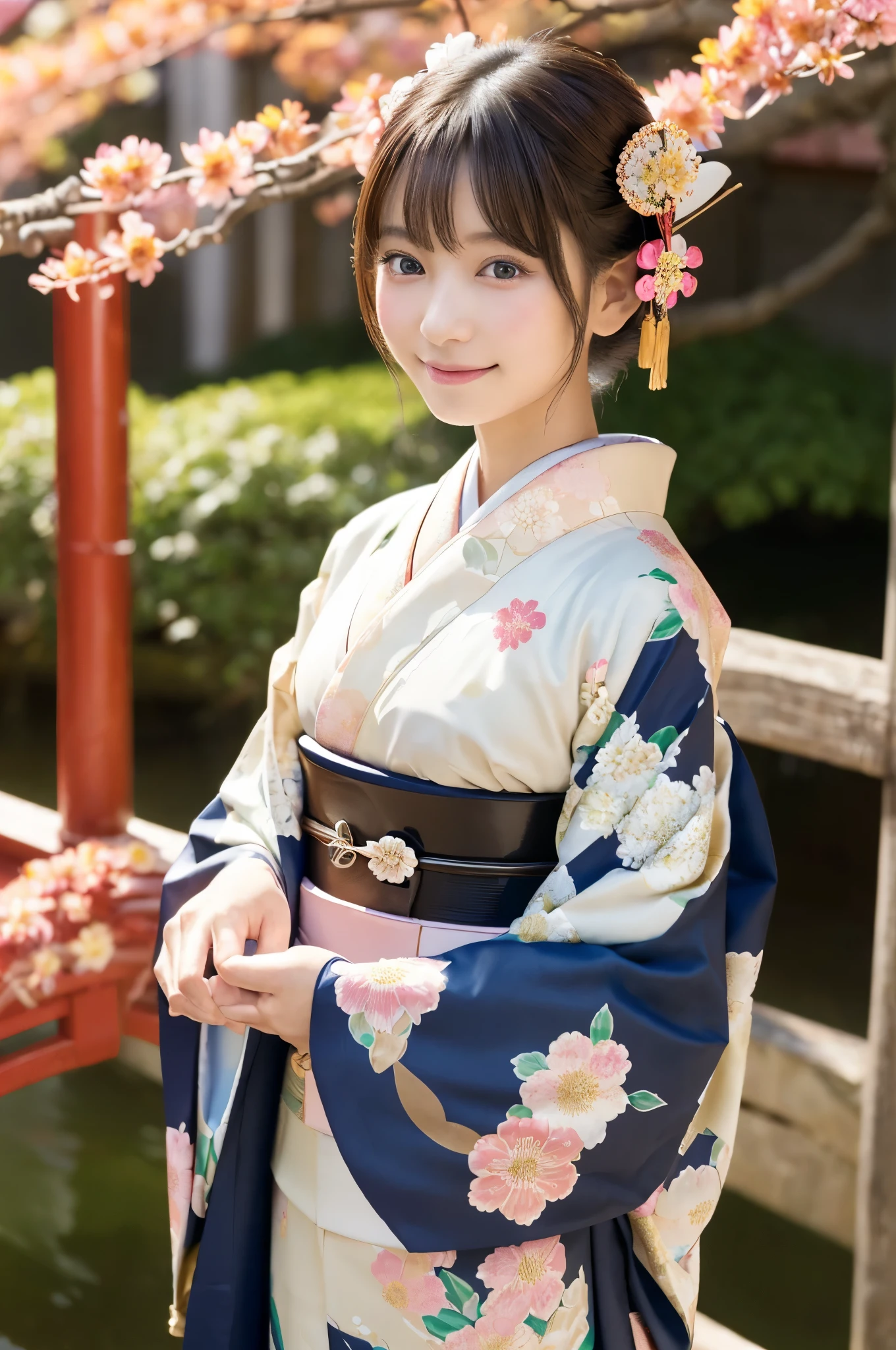 (Happy expression on face:1.26)、Raw photography、(((Ultimate Beauty Full Body Shooting)))、((glistning skin))、女の子1人、bright expression、((brown haired))、Counterpoint shots、((ultra-detailliert))、(Perfectly detailed face)、(Detailed hand)、Photorealistic images、((​masterpiece、最hightquality、ultra-detailliert、Film Light、intricate-detail、hight resolution、ighly detailed))、细致背景、8KUHD、Digital SLR、Soft light、hightquality、Film grain、FujifilmXT3 、Shallow depth of field、natural soft light、Kamimei、1 beautiful Japan model, 15-year-old female model,  4K、An ultra-high picture quality、bangss、A dark-haired、Kyo-Yuzen、(Kimono, Furisode、Floral pattern in Japanese style:1.5)、(Super cute face in idol style:1.4)、slim and beautiful figure、beutiful breast、A smile、full body Esbian:1.2、