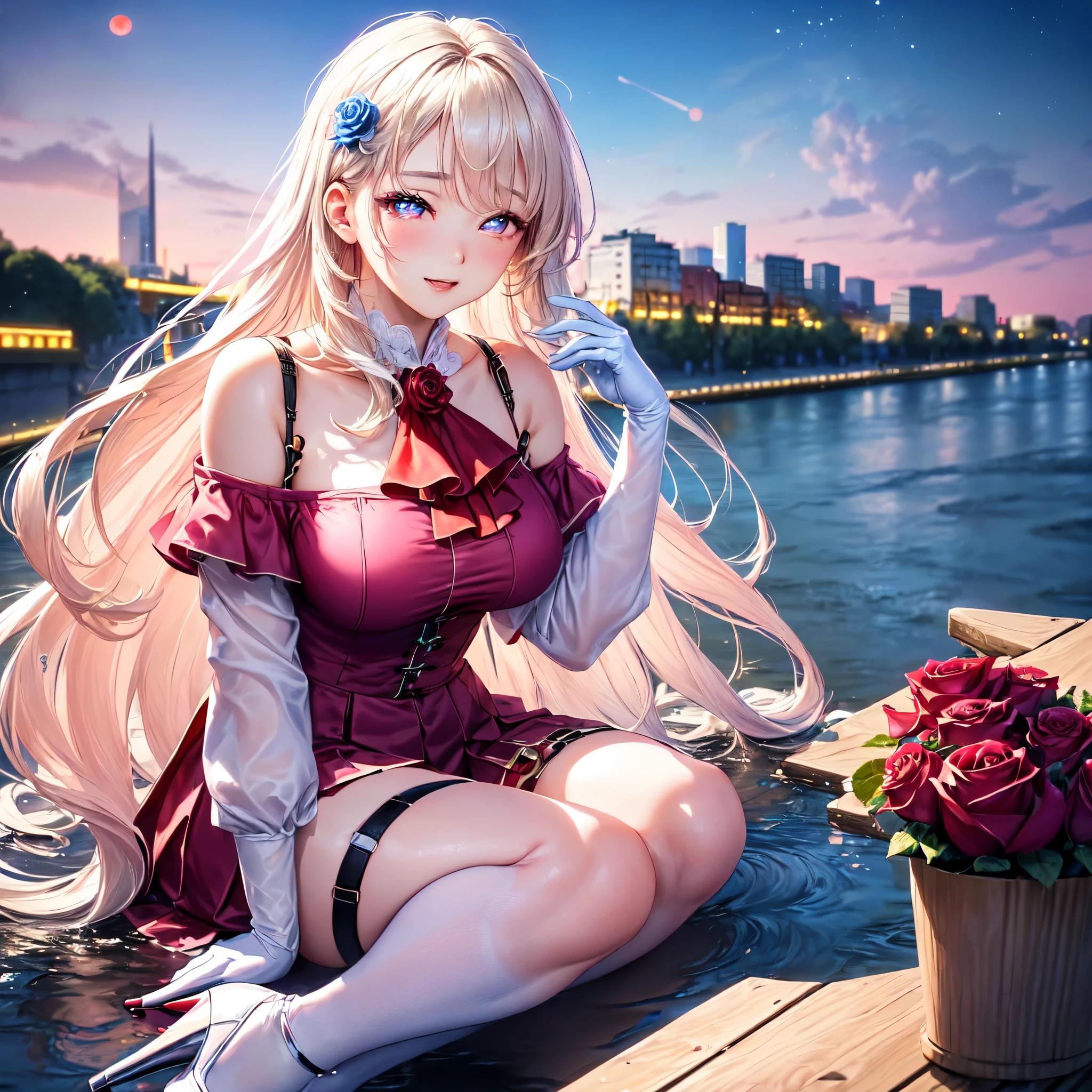 official art, masterpiece, sharp focueautiful gorgeous cute Korean woman:1.3), (beautiful cute korean:1.3), (beautiful amd aesthetic:1.3), korean beauty, Delicate and beautiful hair and eyes and face, realistic, ultra detailed, beautiful girl, blue sky, glow white particle, (sidelighting:1.2), sun light, white cloud, detailed clouds, slender, Lovely very large breasts and very large hips,showing pink slip, (((shy and aroused, pink Star-shaped pupils wink eyes)), (((Cuteness:1.5)), scenery, long straight hair, sexy facial expression, build (Riverscape:1.7), dynamic hair, blonde long straight hair, detailed hair, streaked hair, glow pink wink eyes, sit (pink pastel and rose-red school girl shirt+fiery rose Ascot dress+white off shoulder blouse), (white long socks:1), pale skin, epic scenery, hair ornament, Princess white gloves, sexy look, ((bloodmoon:1)), ((PinkGalaxySky:1.3)), (white pointed toe high heels with straps:1.3),