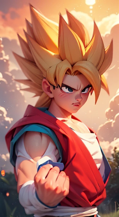 Goku Super Saiyan 2 from Dragon Ball Z anime, heroic Pose, imposing, serious, detailed summer blue sky with white clouds as Background, illustration, Studio Ghibli Anime style, Concept Art, trending on ArtStation, balanced Colors, Cinematic Lighting, (balanced Constrast between Light and Dark), (Intricate, High Quality, Hyper Detailed, Extreme Sharpness), Ambient Occlusion, Octane rendering, ((CGI)), ((8k)), by Akira Toriyama