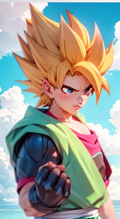 Goku Super Saiyan 2 from Dragon Ball Z anime, heroic Pose, imposing, serious, detailed summer blue sky with white clouds as Background, illustration, Studio Ghibli Anime style, Concept Art, trending on ArtStation, balanced Colors, Cinematic Lighting, (balanced Constrast between Light and Dark), (Intricate, High Quality, Hyper Detailed, Extreme Sharpness), Ambient Occlusion, Octane rendering, ((CGI)), ((8k)), by Akira Toriyama