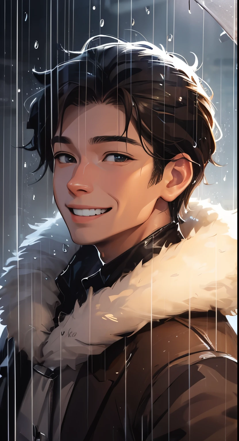 Guy's face, Happy smile, it's raining, raindrops on the face, study, detailing, 4k, hd, the night