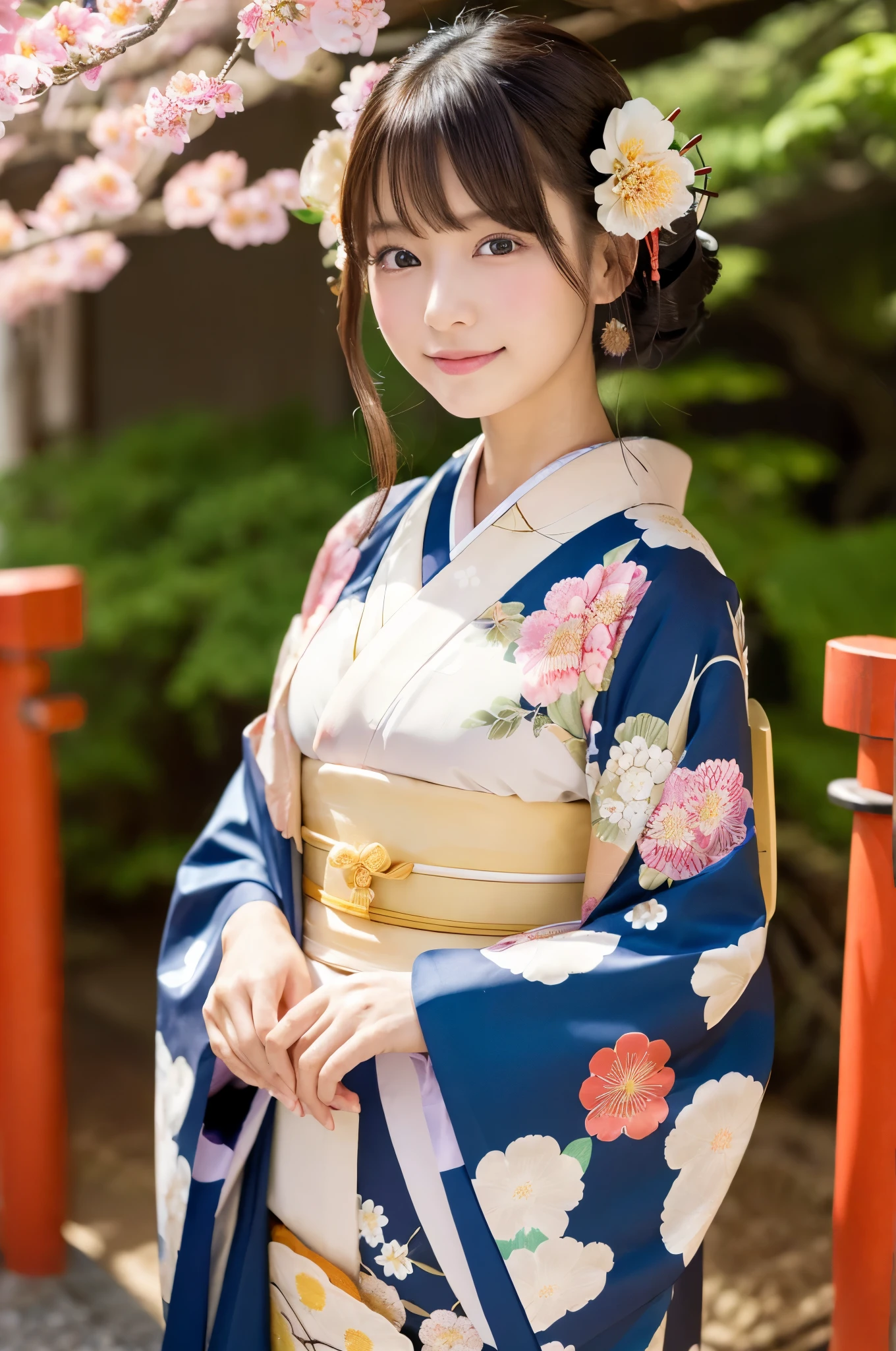 (Happy expression on face:1.26)、Raw photography、(((Ultimate Beauty Full Body Shooting)))、((glistning skin))、女の子1人、bright expression、((brown haired))、Counterpoint shots、((ultra-detailliert))、(Perfectly detailed face)、(Detailed hand)、Photorealistic images、((​masterpiece、最hightquality、ultra-detailliert、Film Light、intricate-detail、hight resolution、ighly detailed))、细致背景、8KUHD、Digital SLR、Soft light、hightquality、Film grain、FujifilmXT3 、Shallow depth of field、natural soft light、Kamimei、1 beautiful Japan model, 15-year-old female model,  4K、An ultra-high picture quality、bangss、A dark-haired、Kyo-Yuzen、(Kimono, Furisode、Floral pattern in Japanese style:1.5)、(Super cute face in idol style:1.4)、slim and beautiful figure、beutiful breast、A smile、full body Esbian:1.2、
