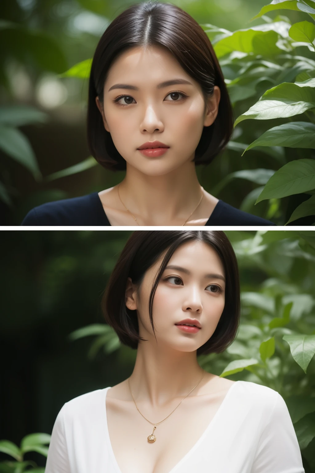 asian lady wear white shirt , necklace, small breast, rounded shape breast, ((she)), ((mid-shot, upper body, slender waist)), Hair Up Do、 Glowing eyes, nose blush, Carl Larsson, Alfonse Mucha, Chiaroscuro, Film Glenn, reflective light, (((mid-Shot))), waist to top,longshot show full body, masterpiece, high details, sun light on her, leaf shading, (()) ,