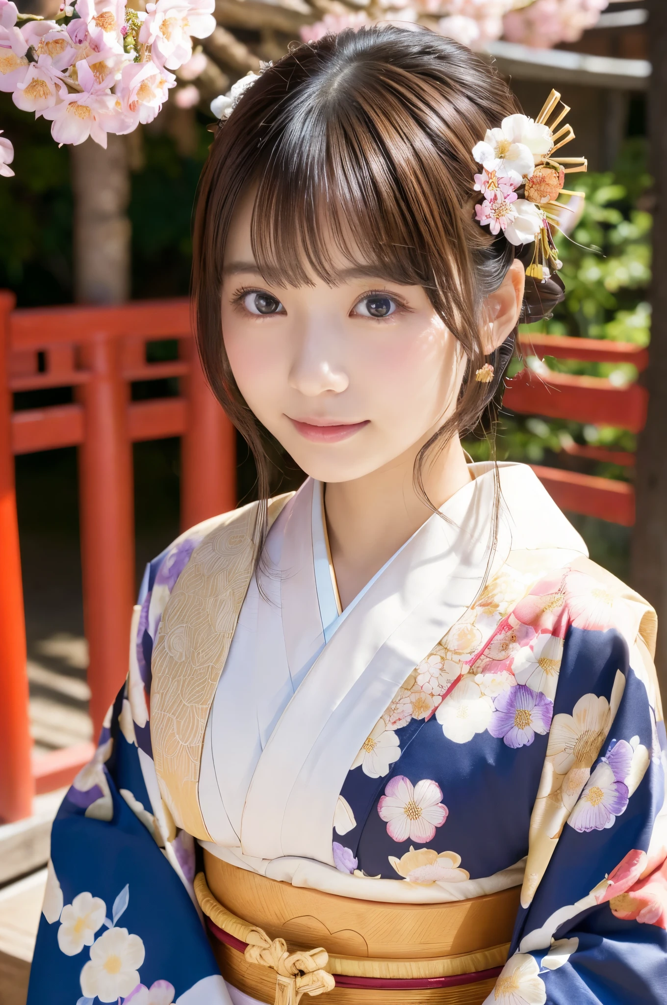 (Happy expression on face:1.26)、Raw photography、(((Ultimate Beauty Full Body Shooting)))、((glistning skin))、女の子1人、bright expression、((brown haired))、Counterpoint shots、((ultra-detailliert))、(Perfectly detailed face)、(Detailed hand)、Photorealistic images、((​masterpiece、最hightquality、ultra-detailliert、Film Light、intricate-detail、hight resolution、ighly detailed))、细致背景、8KUHD、Digital SLR、Soft light、hightquality、Film grain、FujifilmXT3 、Shallow depth of field、natural soft light、Kamimei、1 beautiful Japan model, 15-year-old female model,  4K、An ultra-high picture quality、bangss、A dark-haired、Kyo-Yuzen、(Kimono, Furisode、Floral pattern in Japanese style:1.5)、(Super cute face in idol style:1.4)、slim and beautiful figure、beutiful breast、A smile、full body Esbian:1.2、