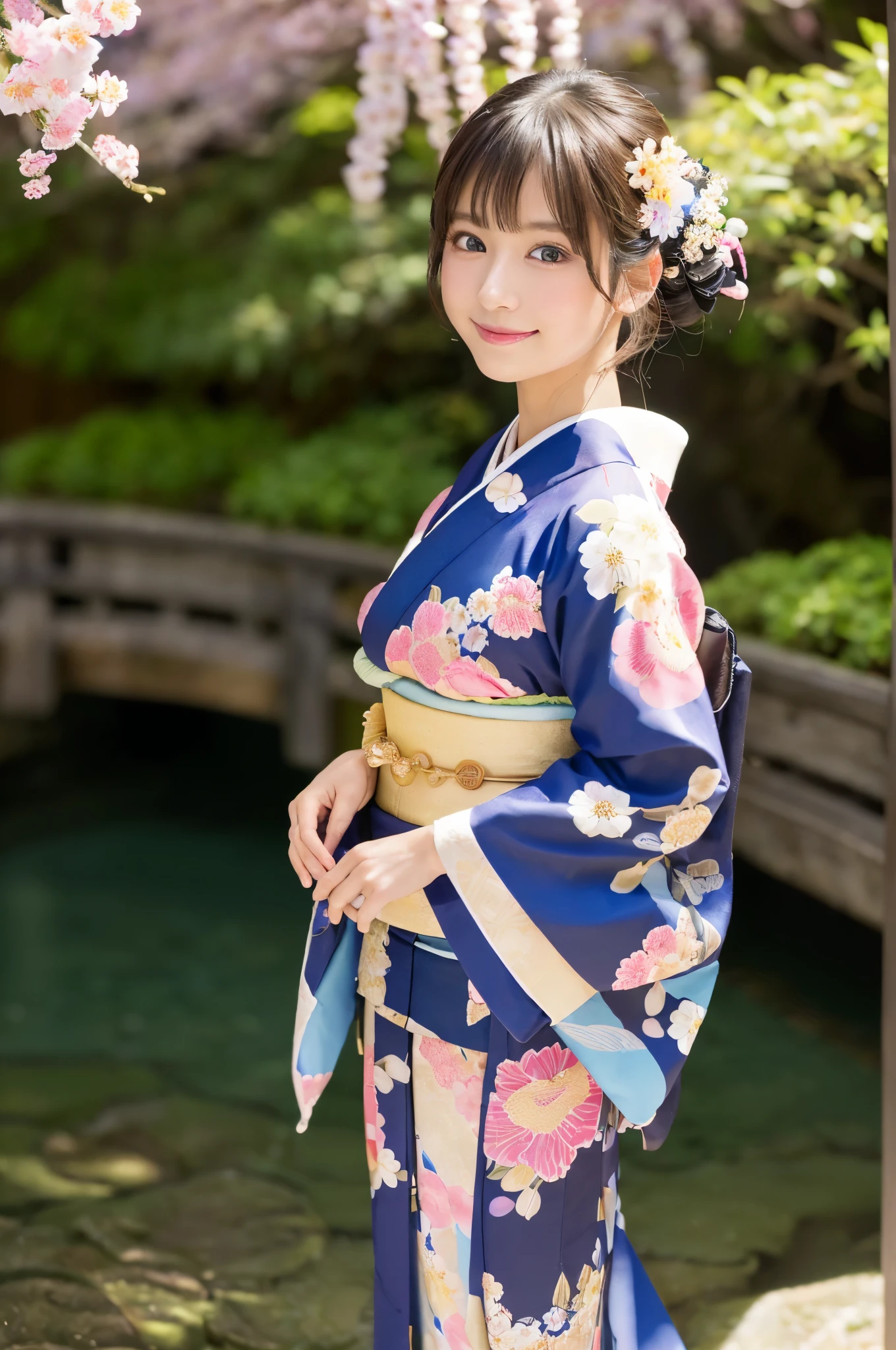 (Happy expression on face:1.26)、Raw photography、(((Ultimate Beauty Full Body Shooting)))、((glistning skin))、女の子1人、bright expression、((brown haired))、Counterpoint shots、((ultra-detailliert))、(Perfectly detailed face)、(Detailed hand)、Photorealistic images、((masterpiece、最hightquality、ultra-detailliert、Film Light、intricate-detail、hight resolution、ighly detailed))、细致背景、8KUHD、Digital SLR、Soft light、catchlight、hightquality、Film grain、FujifilmXT3 、Shallow depth of field、natural soft light、Kamimei、1 beautiful Japan model, 15-year-old female model, 4K、An ultra-high picture quality、bangss、A dark-haired、Kyo-Yuzen、(Kimono, Furisode、Floral pattern in Japanese style:1.5)、(Super cute face in idol style:1.4)、slim and beautiful figure、beutiful breast、A smile、full body Esbian:1.2、