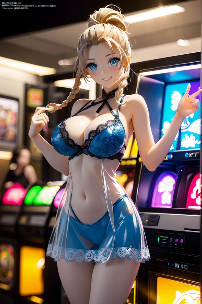 (Official art、Best Quality、Unity 8k Wallpapers、32K、ultra-detailliert、超A high resolution、realisitic、Photorealsitic:2.0、pvc revoltech)、(Cinematic lighting:1.8)、(Full body)、Transparency、Crying face、bold breasts、Acrylic Stand,A shop clerk wearing a see-through blue two-piece lace queen costume.、fashion modell、Charming smile,A sexy,See-through vinyl slit pleated mini skirt,cleavage of the breast、Sheer lace bra、amazing、foco nítido、I opened my mouth a little、there are many spectators、(light blue long braided ponytail、beautiful hair of blue color、 Blue eyes)、trapped inside a glass box、service area,Fancy Goods、Amusement park toy store、huge lcd monitor,Inside the UFO Catcher、