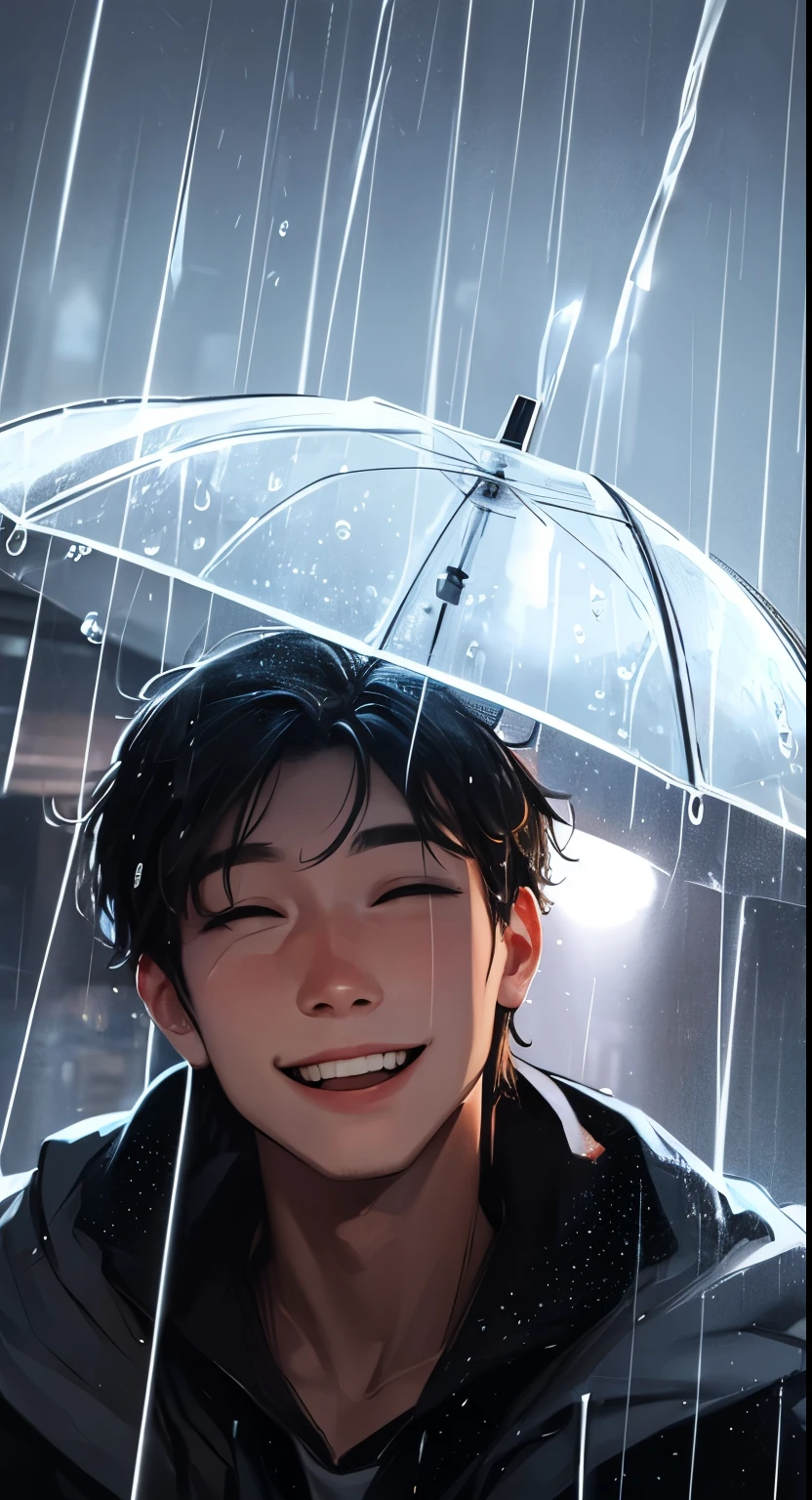 The guy's face is raised up, Happy smile, covered eyes, it's raining, raindrops on the face, study, detailing, 4k, hd, the night