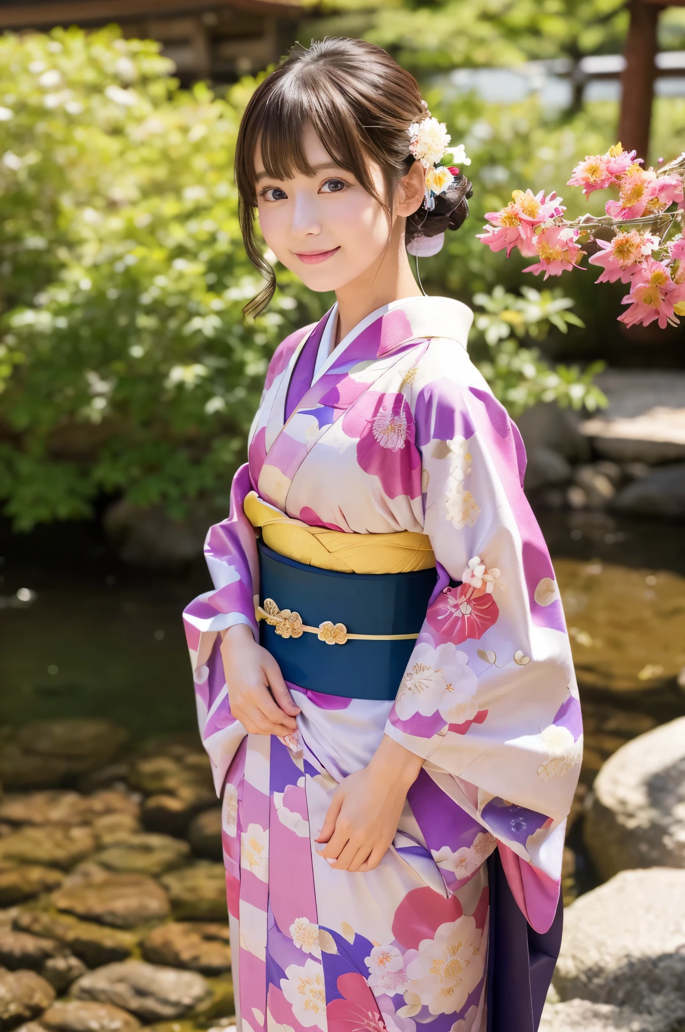 (Happy expression on face:1.26)、Raw photography、(((Ultimate Beauty Full Body Shooting)))、((glistning skin))、女の子1人、bright expression、((brown haired))、Counterpoint shots、((ultra-detailliert))、(Perfectly detailed face)、(Detailed hand)、Photorealistic images、((​masterpiece、最hightquality、ultra-detailliert、Film Light、intricate-detail、hight resolution、ighly detailed))、细致背景、8KUHD、Digital SLR、Soft light、catchlight、hightquality、Film grain、FujifilmXT3 、Shallow depth of field、natural soft light、Kamimei、1人の美Right日本人モデル, 15-year-old female model,  4K、An ultra-high picture quality、bangss、A dark-haired、Kyo-Yuzen、(Kimono, Furisode、Floral pattern in Japanese style:1.5)、(Super cute face in idol style:1.4)、スリムで美Right体型、美Right胸、A smile、full body Esbian:1.2、Deities々Right
