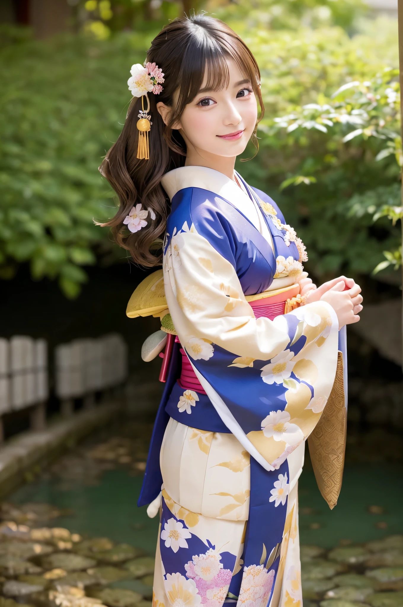 (Happy expression on face:1.26)、Raw photography、(((Ultimate Beauty Full Body Shooting)))、((glistning skin))、女の子1人、bright expression、((brown haired))、Counterpoint shots、((ultra-detailliert))、(Perfectly detailed face)、(Detailed hand)、Photorealistic images、((masterpiece、最hightquality、ultra-detailliert、Film Light、intricate-detail、hight resolution、ighly detailed))、细致背景、8KUHD、Digital SLR、Soft light、catchlight、hightquality、Film grain、FujifilmXT3 、Shallow depth of field、natural soft light、Kamimei、1人の美Rightモデル, -yeld fee model, 4K、An ultra-high picture quality、bangss、A dark-haired、Kyo-Yuzen、(Kimono, Furisode、Floral pattern in Japanese style:1.5)、(Super cute face in idol style:1.4)、スリムで美Right体型、美Right胸、A smile、full body Esbian:1.2、Deities々Right