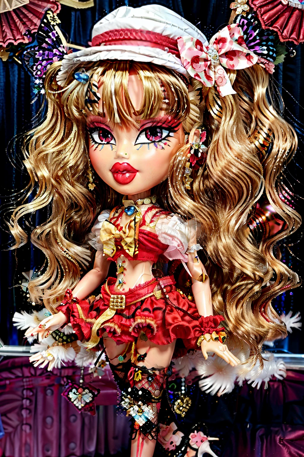 Bratz girl with detailed eyes and big lips and blonde curly rococo hair , wearing versace colorful flowers dress , full body , plastic skin , doll joints , ,(masterpiece, top quality, best quality, beautiful and aesthetic:1.2), Marisa Kirisame, doll, revealing clothes, big head, 1girl, solo, breasts, curvy, wide hips, narrow waist, joints, doll joints, cleavage, bursting breasts, huge breasts, lips, blonde_hair, long_hair, hat, witch_hat, bow, yellow_eyes, braid, single_braid, hat_bow, smile, hair_bow, white_bow, bangs, black_headwear, midriff, full body, high heels, thighhighs