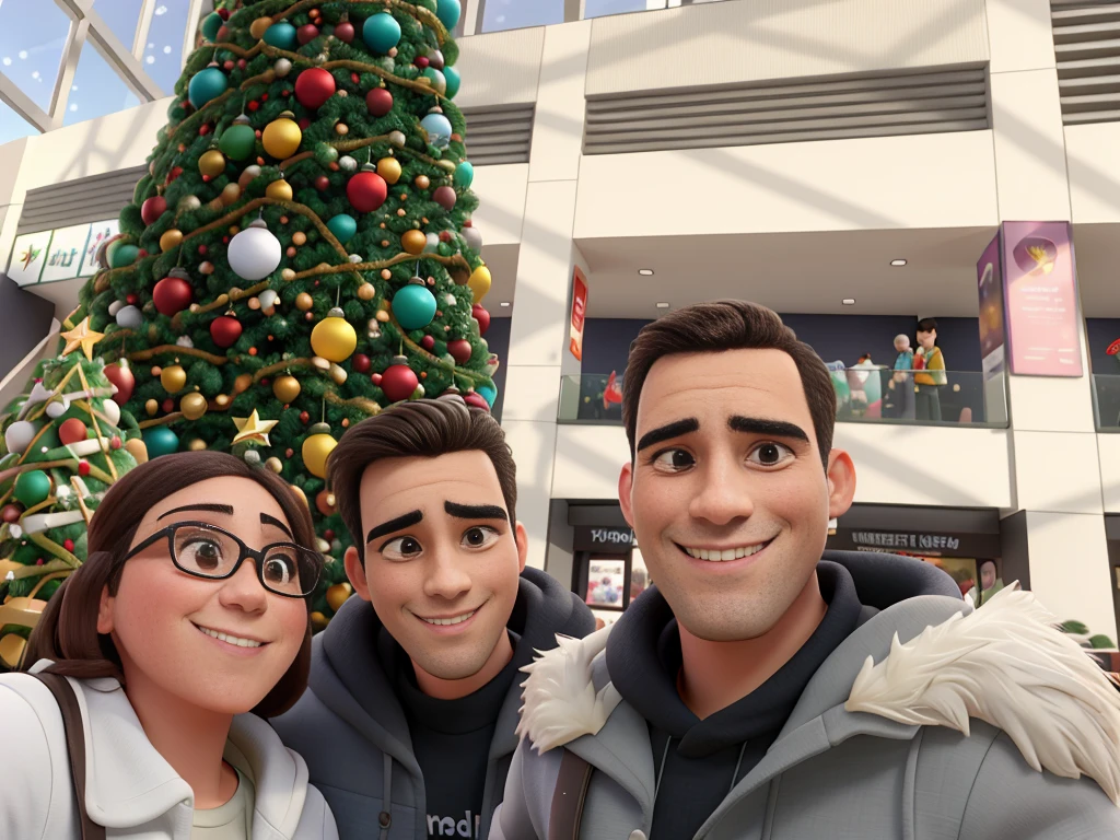 Dos hombres sin gafas, una mujer con gafas y los ojos marrones, posan felices en un centro comercial con un arbol de navidad detras de ellos.