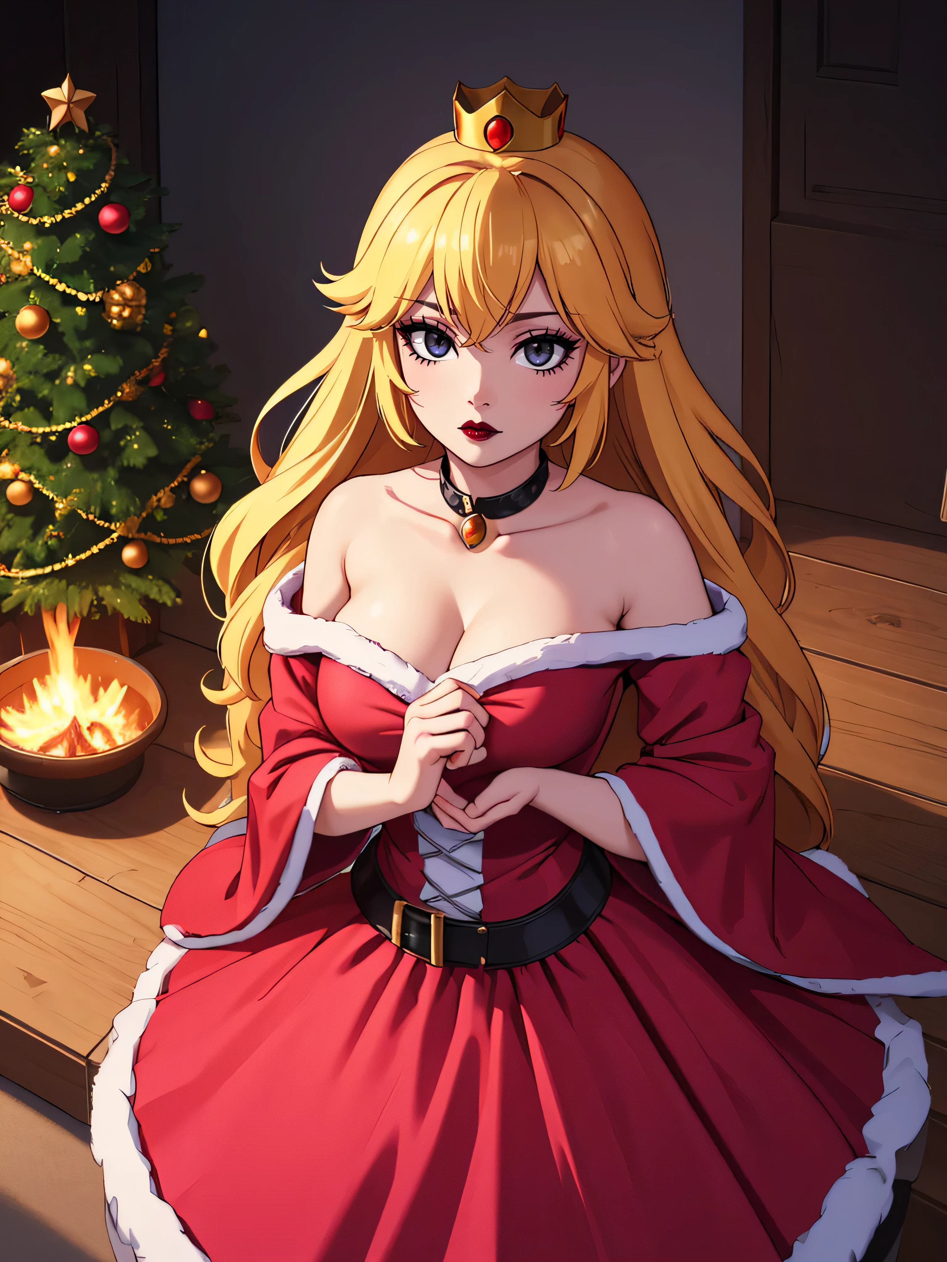 ((high detailed, best quality, 4k, masterpiece, hd:1.3)), ((best quality)), ((HD)), ((8k)), (ultraHD), log cabin, bonfire, Christmas Tree, X-Mas tree, Princess Peach with christmas gifts, BREAK blue eyes, seductive, attractive, smooth anime cg art, 36C breasts, long legs, vivid colors, detailed digital art, slim body, perfect skin, blonde hair over one eye, BREAK crown, cleavage, looking at viewer, BREAK looking at viewer, extremely detailed face, pink_santa_dress, pink_santa_claus_dress, santa claus dress, winter dress, earrings, gem, dark black makeup lips, dark gothic eyeshadows, dark eyeshadows, black eyeshadows, black sexy lips, black lips, (dark:1.2), dark lips, very dark lips, (perfect hands, perfect anatomy), black makeup, black lips, detailed fingers, five fingers per hand, 5 fingers, (1 girl), (solo:1.3), detailed lips, detailed black lips, black painted lips, gothic painted lips, (breast focus), (from above:1.1), (breasts out:1.3), (off shoulder:1.1),