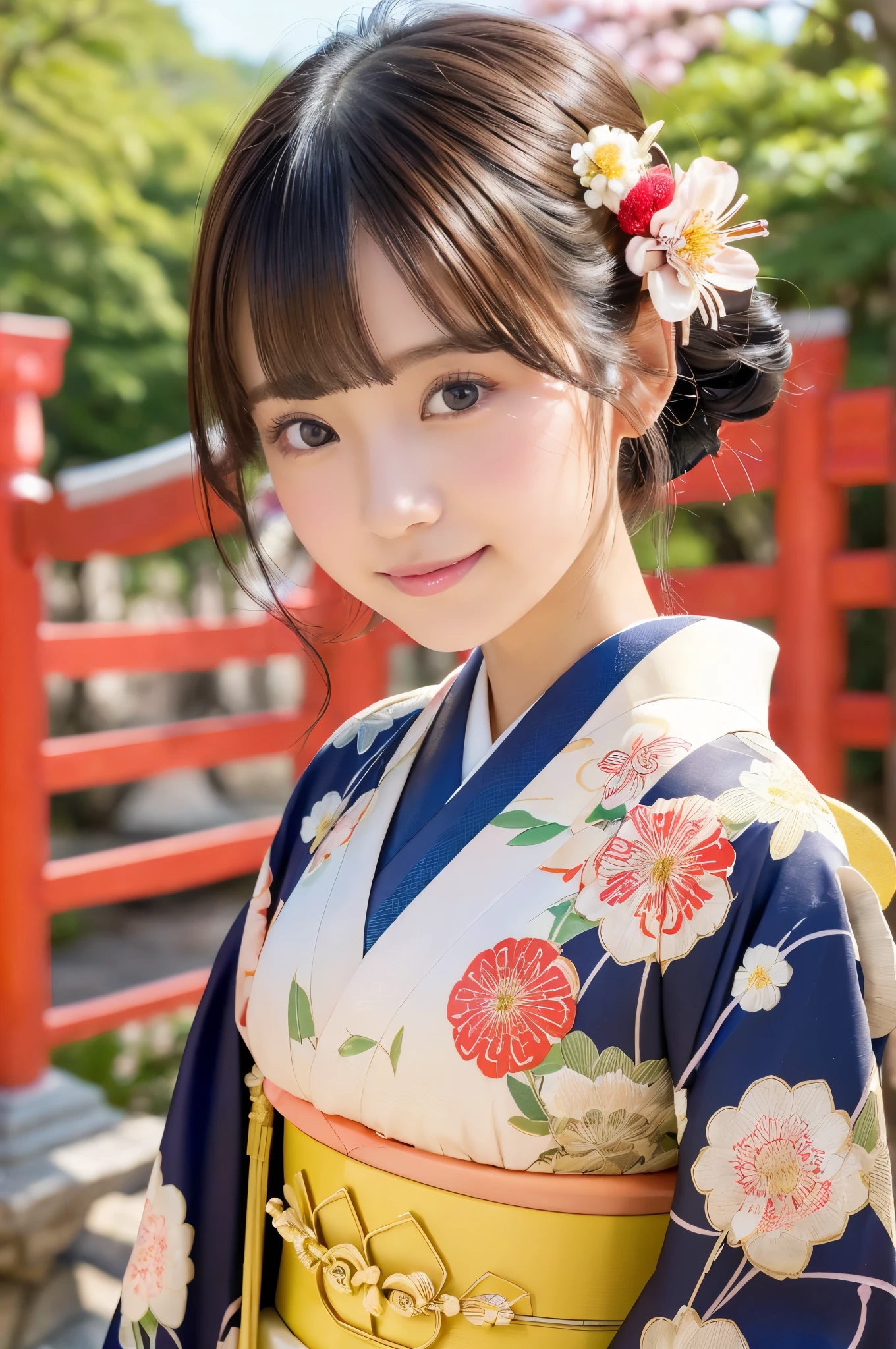 (Happy expression on face:1.26)、Raw photography、(((Ultimate Beauty Full Body Shooting)))、((glistning skin))、女の子1人、bright expression、((brown haired))、Counterpoint shots、((ultra-detailliert))、(Perfectly detailed face)、(Detailed hand)、Photorealistic images、((masterpiece、最hightquality、ultra-detailliert、Film Light、intricate-detail、hight resolution、ighly detailed))、细致背景、8KUHD、Digital SLR、Soft light、hightquality、Film grain、FujifilmXT3 、Shallow depth of field、natural soft light、Kamimei、1 beautiful Japan model, 15-year-old female model, 4K、An ultra-high picture quality、bangss、A dark-haired、Kyo-Yuzen、(Kimono, Furisode、Floral pattern in Japanese style:1.5)、(Super cute face in idol style:1.4)、slim and beautiful figure、beutiful breast、A smile、full body Esbian:1.2、