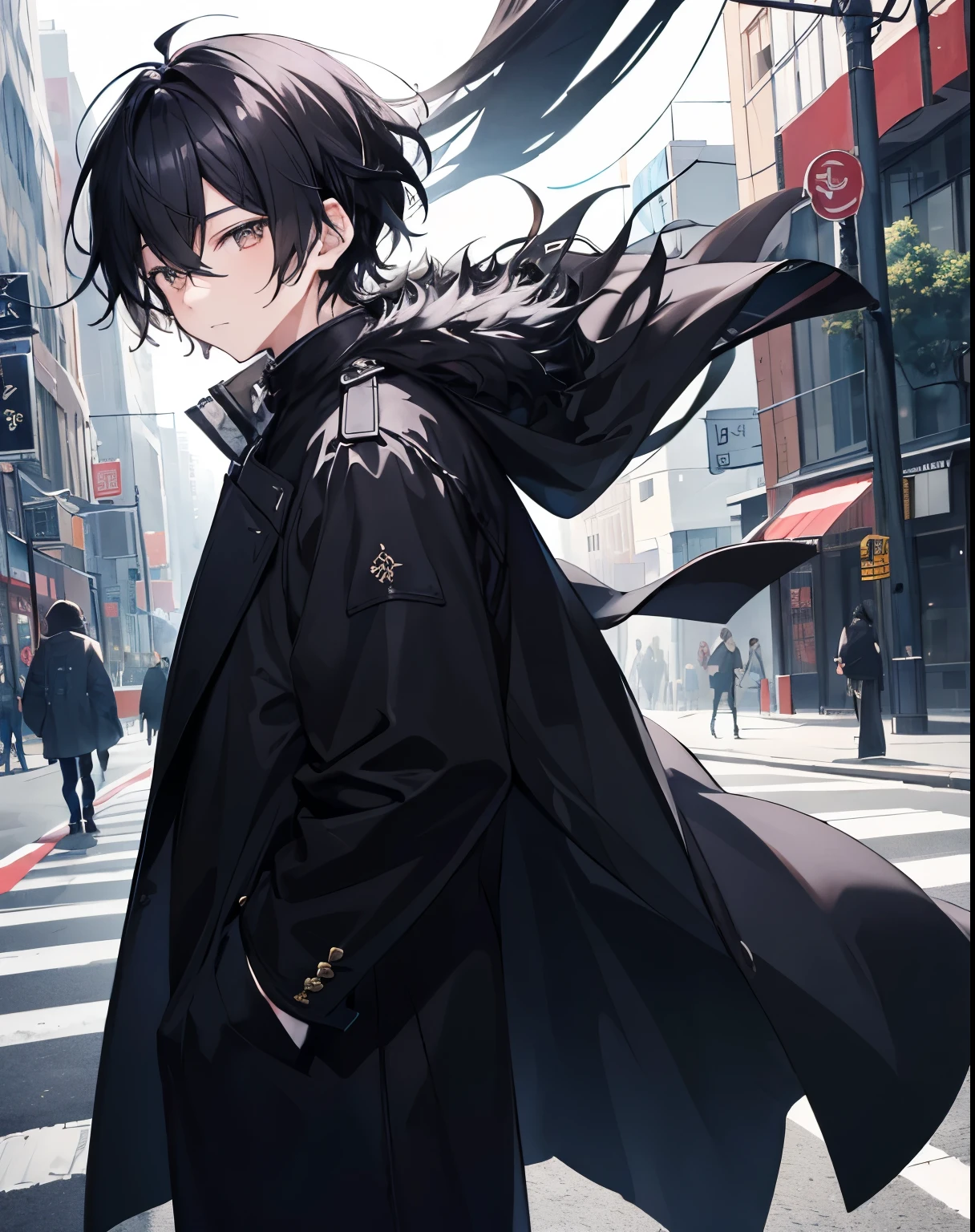 tmasterpiece，1boys，独奏，black color hair，wind coat，cropped shoulders，the street，