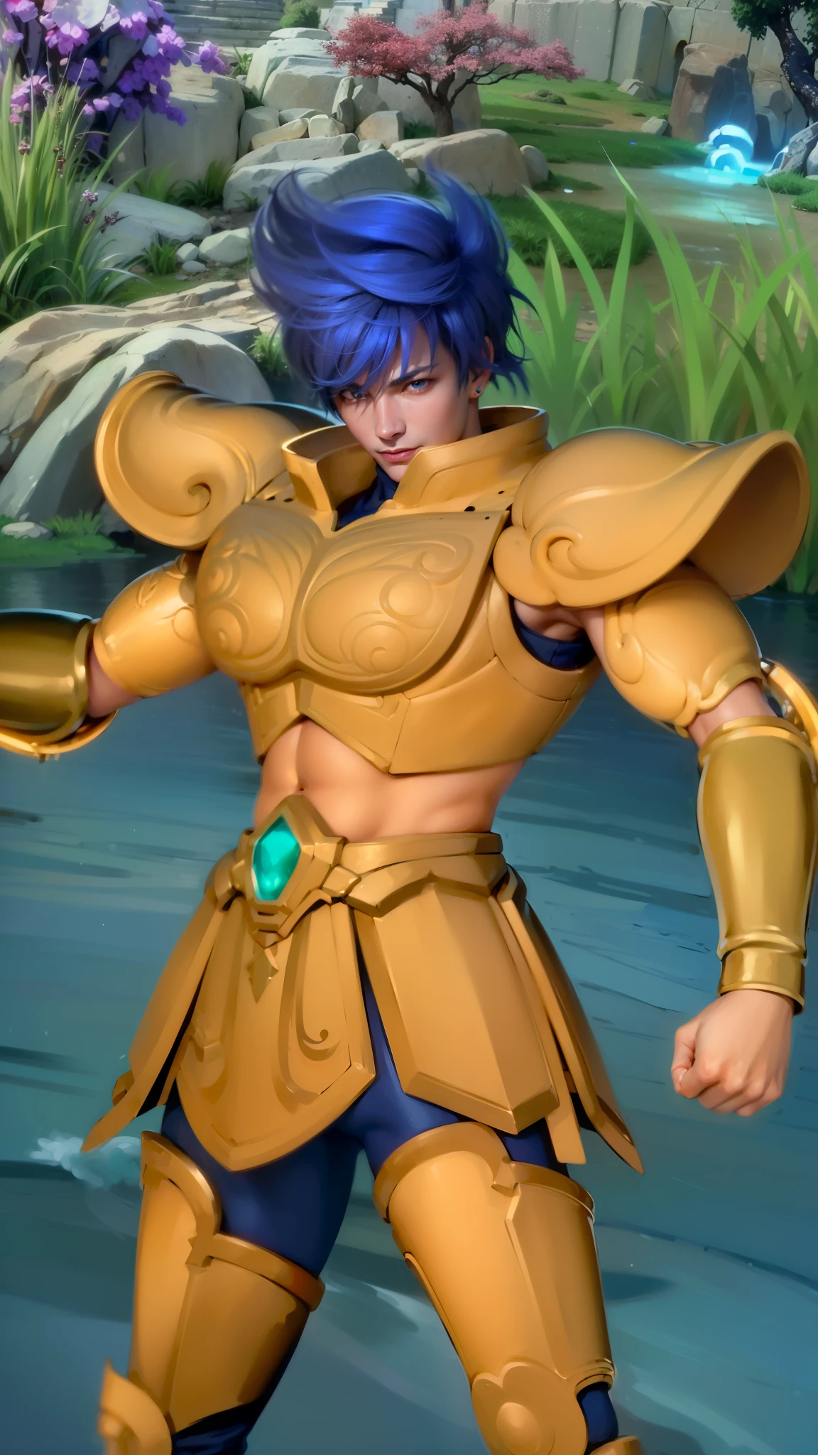 masculine male, masterpiece, ((perfect eyeest quality, (semirealism:1.9), beautiful lighting, (extremely detailed CG unity 4k fhd wallpaper), High Detail, Sharp focus, dramatic outdoors, 1 boy ,19 years old, blue hair, light purpel eyes, smile.