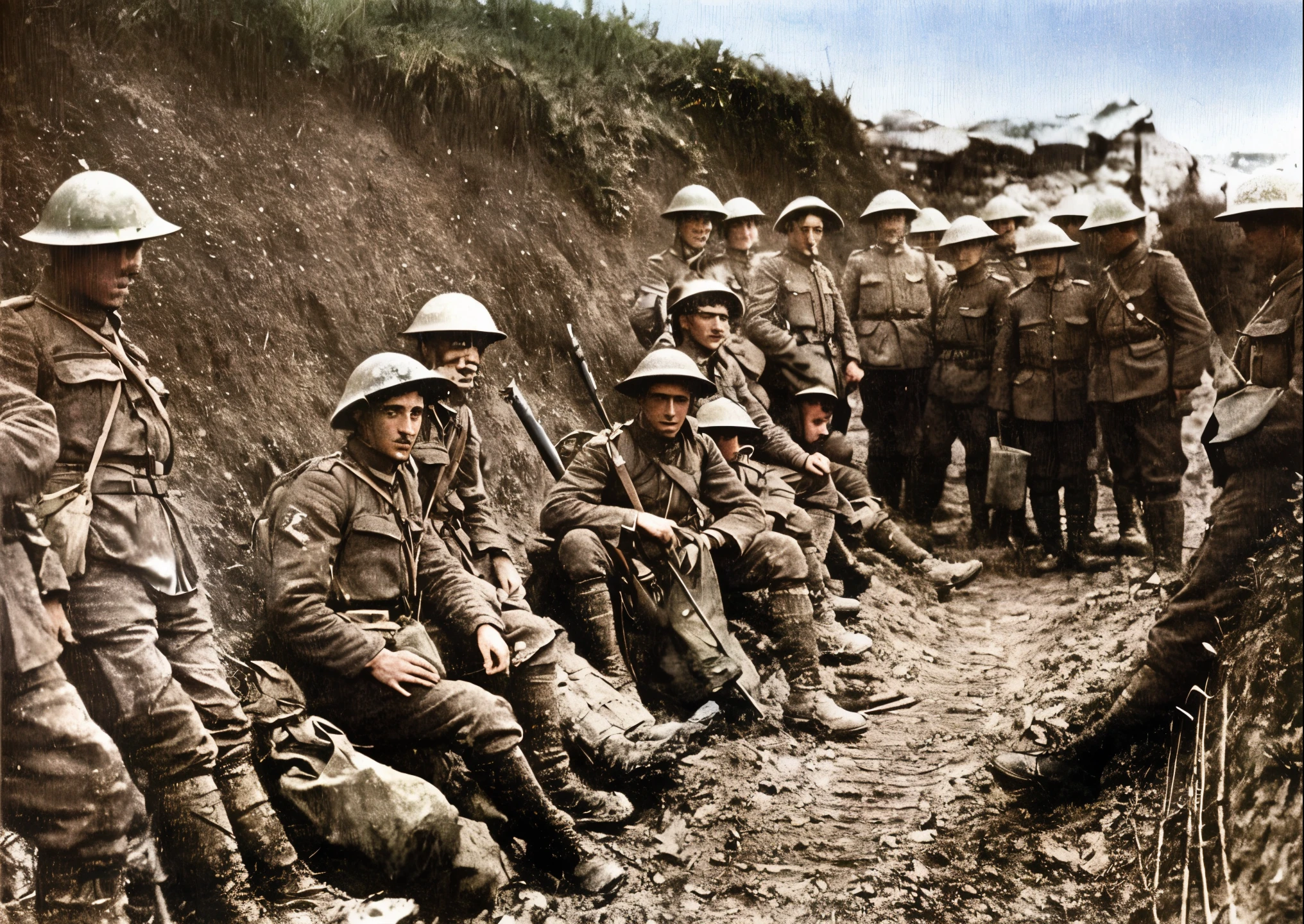 soldiers in uniforms are sitting on the side of a hill, colourised, ww1 photo, in trenches, ww1 trench, colourized, world war one, ww1 film photo, trenches, first world war, wwi, ww 1, ww1, world war 1, colorized, colorized photograph, taken on a ww 1 camera, coloured photo