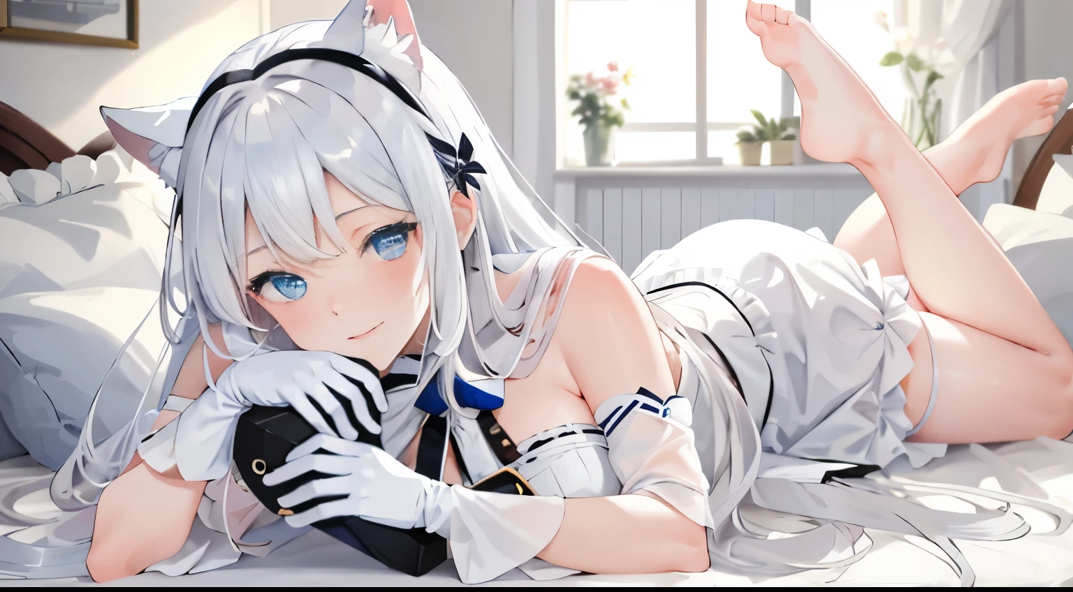 Lazy wind，wide blue eyes，White hair，Dull hair，Beast-eared maiden，White tones，sitted，1girll，Solo，adolable，The expression of the hazy eyes of Seig in the white dress is exquisite.，Beth，On-bed，impeccable，Cute Pose，Stuffed cat paw gloves，Shy laugh，complexion is reddish