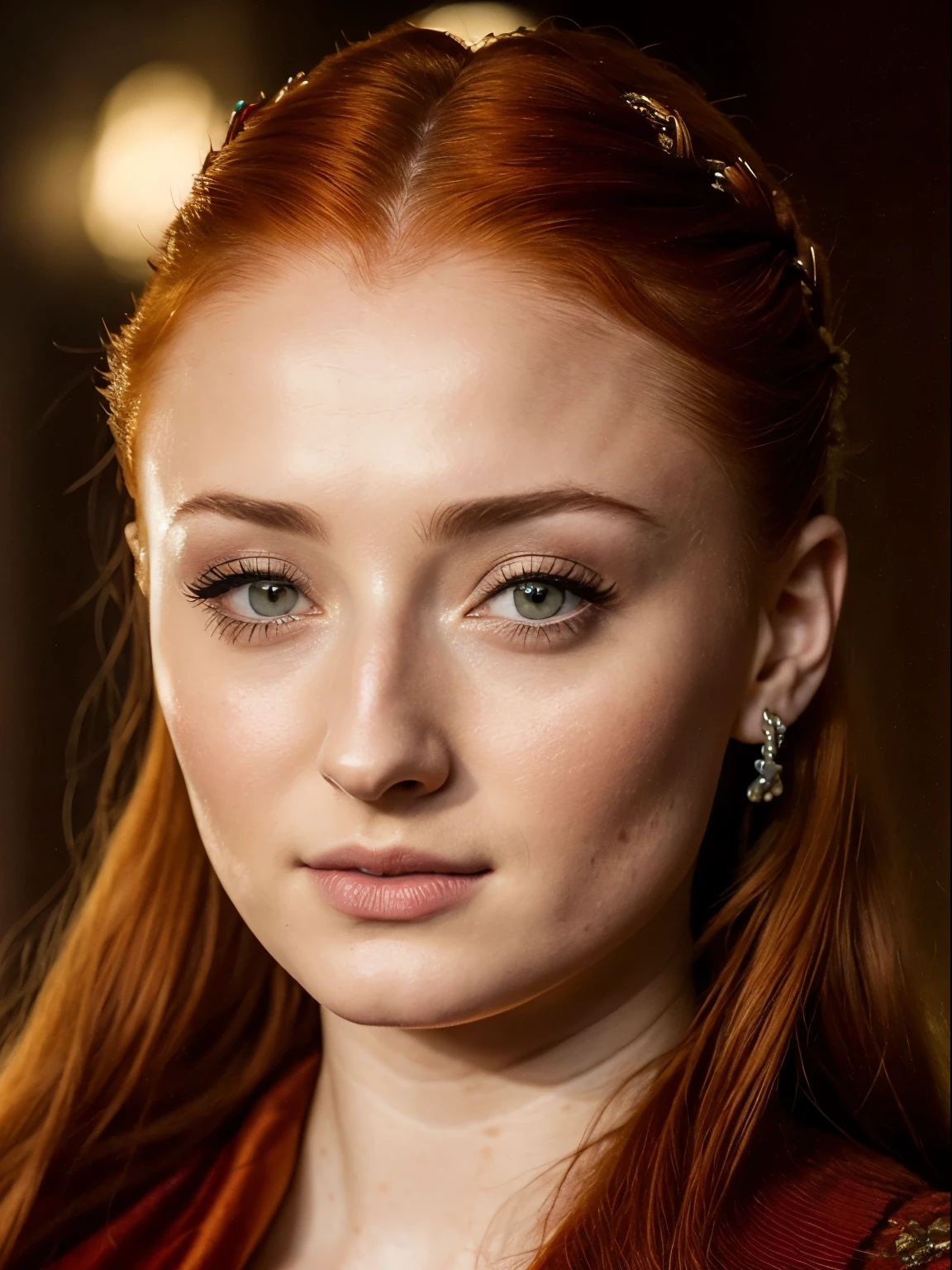 a stunning  photo Sansa Stark played by Sophie Turner, Game of thrones series stills, cinematic colour grading, gorgeous, Awesome, Attractive, Amazing, Beautiful, Breathtaking, Charming, Dashing, Dazzling, Elegant, Fantastic, Fabulous, Gorgeous, Hot, Marvelous, Magnificent, Mindblowing, Stunning  woman ,  woman smirking, natural lighting, 
epic character composition,
sharp focus, film grain