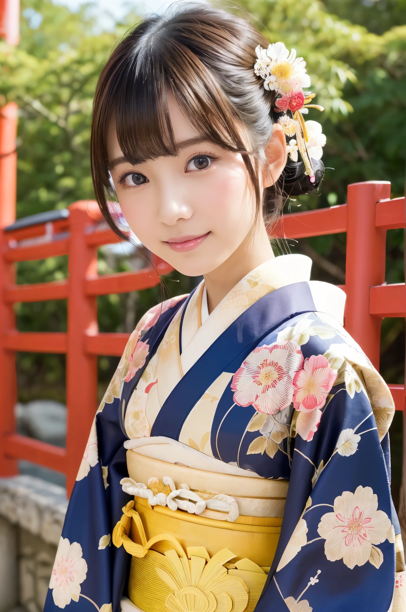 (Happy expression on face:1.26)、Raw photography、(((Ultimate Beauty Full Body Shooting)))、((glistning skin))、女の子1人、bright expression、((brown haired))、Counterpoint shots、((ultra-detailliert))、(Perfectly detailed face)、(Detailed hand)、Photorealistic images、((masterpiece、最hightquality、ultra-detailliert、Film Light、intricate-detail、hight resolution、ighly detailed))、细致背景、8KUHD、Digital SLR、Soft light、hightquality、Film grain、FujifilmXT3 、Shallow depth of field、natural soft light、Kamimei、1 beautiful Japan model, 15-year-old female model, 4K、An ultra-high picture quality、bangss、A dark-haired、Kyo-Yuzen、(Kimono, Furisode、Floral pattern in Japanese style:1.5)、(Super cute face in idol style:1.4)、slim and beautiful figure、beutiful breast、A smile、full body Esbian:1.2、