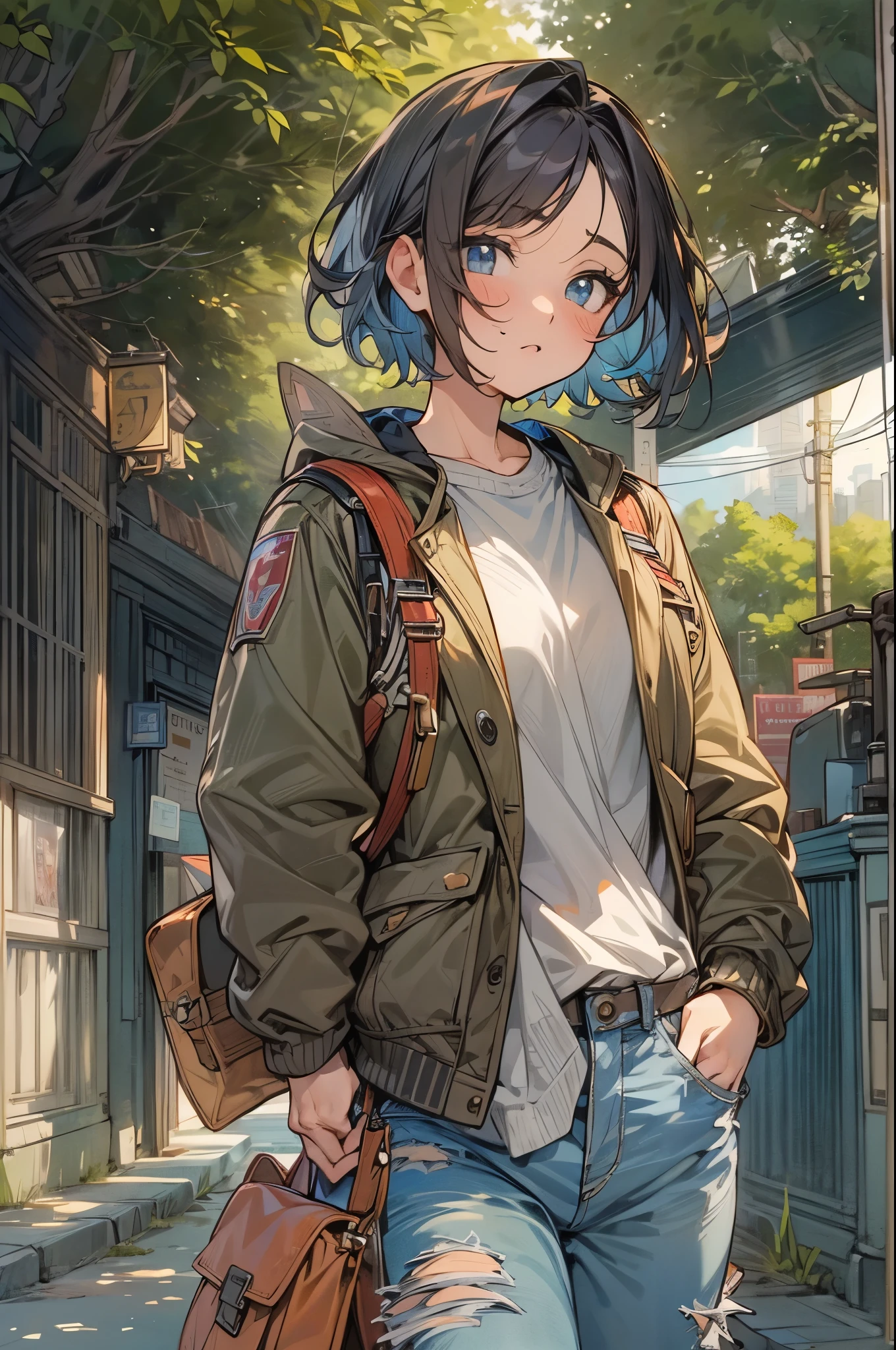 masterpiece, best quality, ultra detailed, solo, woman, cinematic angle, short hair, beautiful eyes, Blouson jacket, long Sleeve T-Shirt, jeans, high cut shoes, woman with a strong personality, pupils, Return from the library, walking while looking at the store, rucksack bag, sunny afternoon, beautiful sky, detailed clouds, sun, warm lights, tree-lined street,