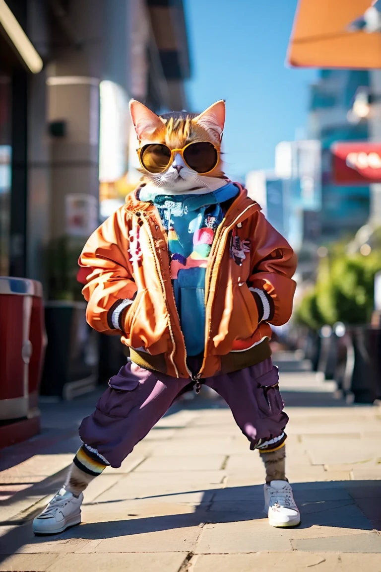 Perfect centering, Cute cat, Wearing a jacket, Wear sunglasses, Wearing headphones, Tolerable, standing position, abstract beauty, centered, Looking at the camera, Facing the camera, approaching perfection, Dynamic, highly detaild, silky, Sharp focus, 8K、red sunglasses