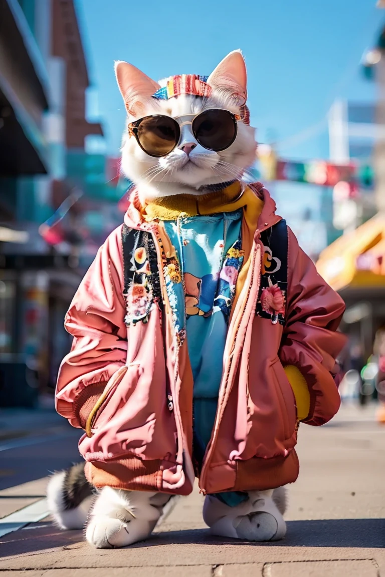 Perfect centering, Cute cat, Wearing a jacket, Wear sunglasses, Wearing headphones, Tolerable, standing position, abstract beauty, centered, Looking at the camera, Facing the camera, approaching perfection, Dynamic, highly detaild, silky, Sharp focus, 8K、red sunglasses