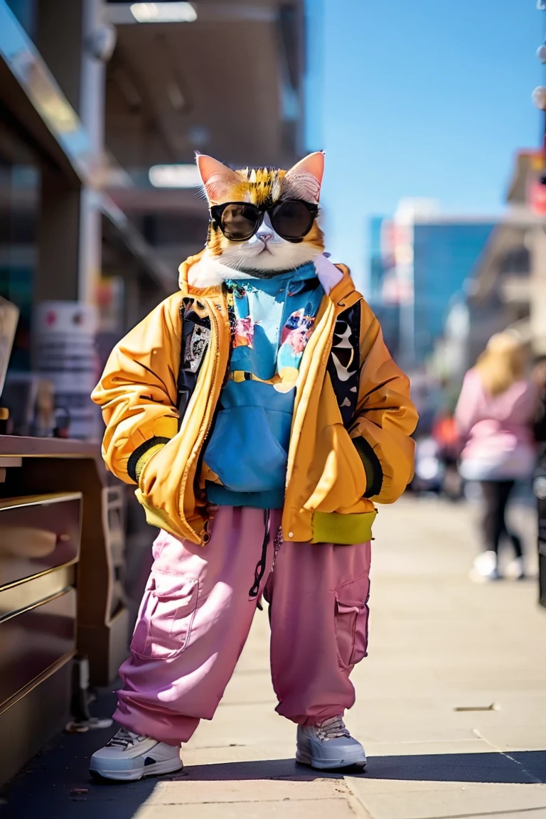 Perfect centering, Cute cat, Wearing a jacket, Wear sunglasses, Wearing headphones, Tolerable, standing position, abstract beauty, centered, Looking at the camera, Facing the camera, approaching perfection, Dynamic, highly detaild, silky, Sharp focus, 8K、red sunglasses