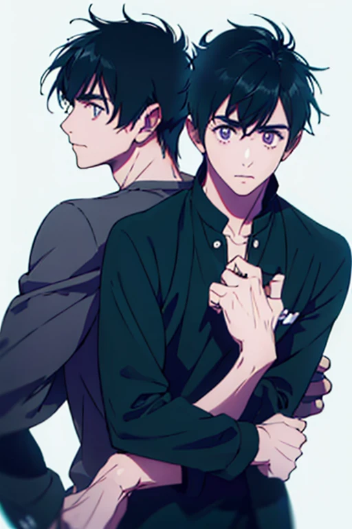 A dark-haired Two people twinsies discord suits youthfulness Same height