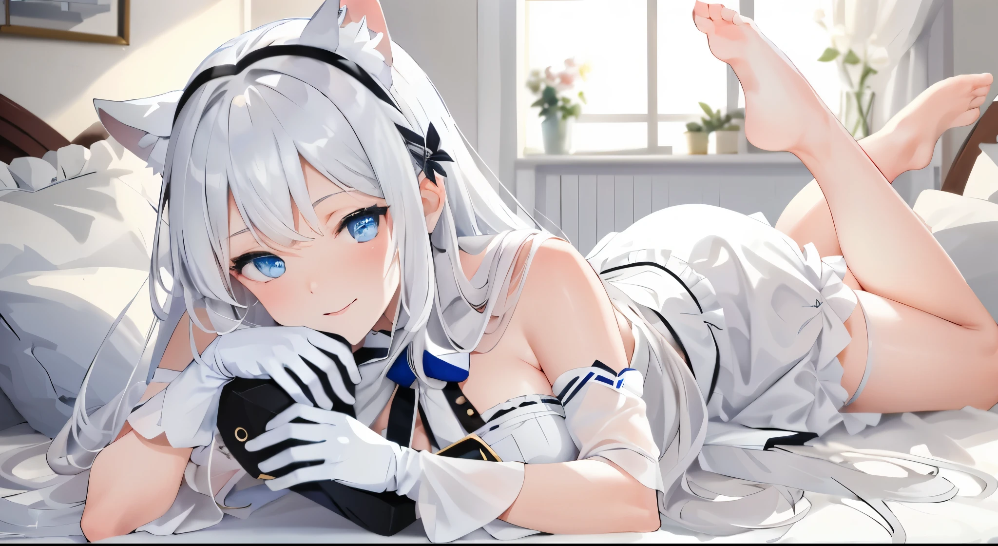 Lazy wind，wide blue eyes，White hair，Dull hair，Beast-eared maiden，White tones，sitted，1girll，Solo，adolable，The expression of Segue&#39;s misty eyes in a white dress is exquisite..，Beth，On-bed，impeccable，Cute Pose，Plush catfoot gloves，Shy laugh，complexion is reddish